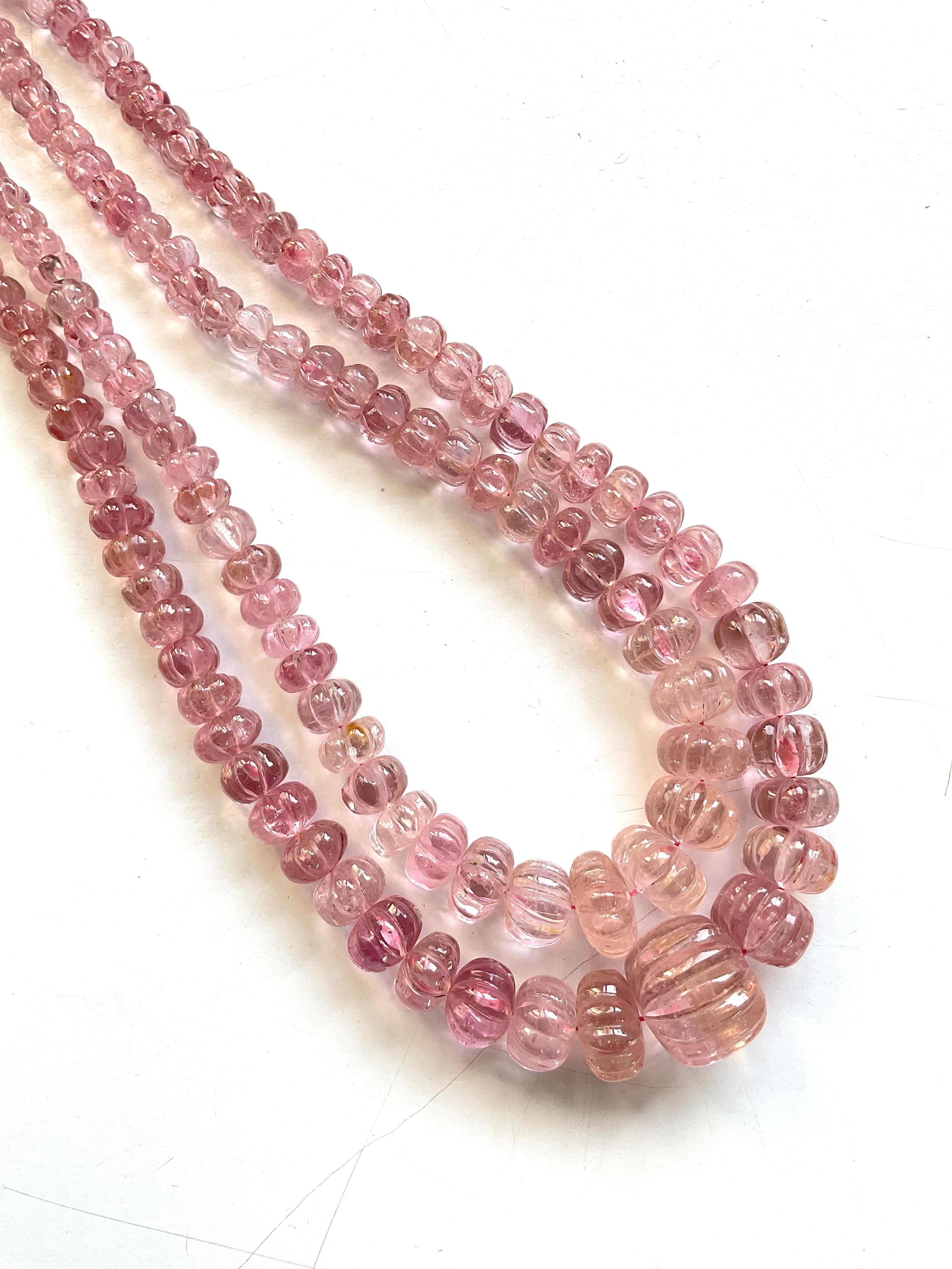 396.95 Carats pink Tourmaline carved melon beads necklace Jewelry Natural Gem In New Condition For Sale In Jaipur, RJ