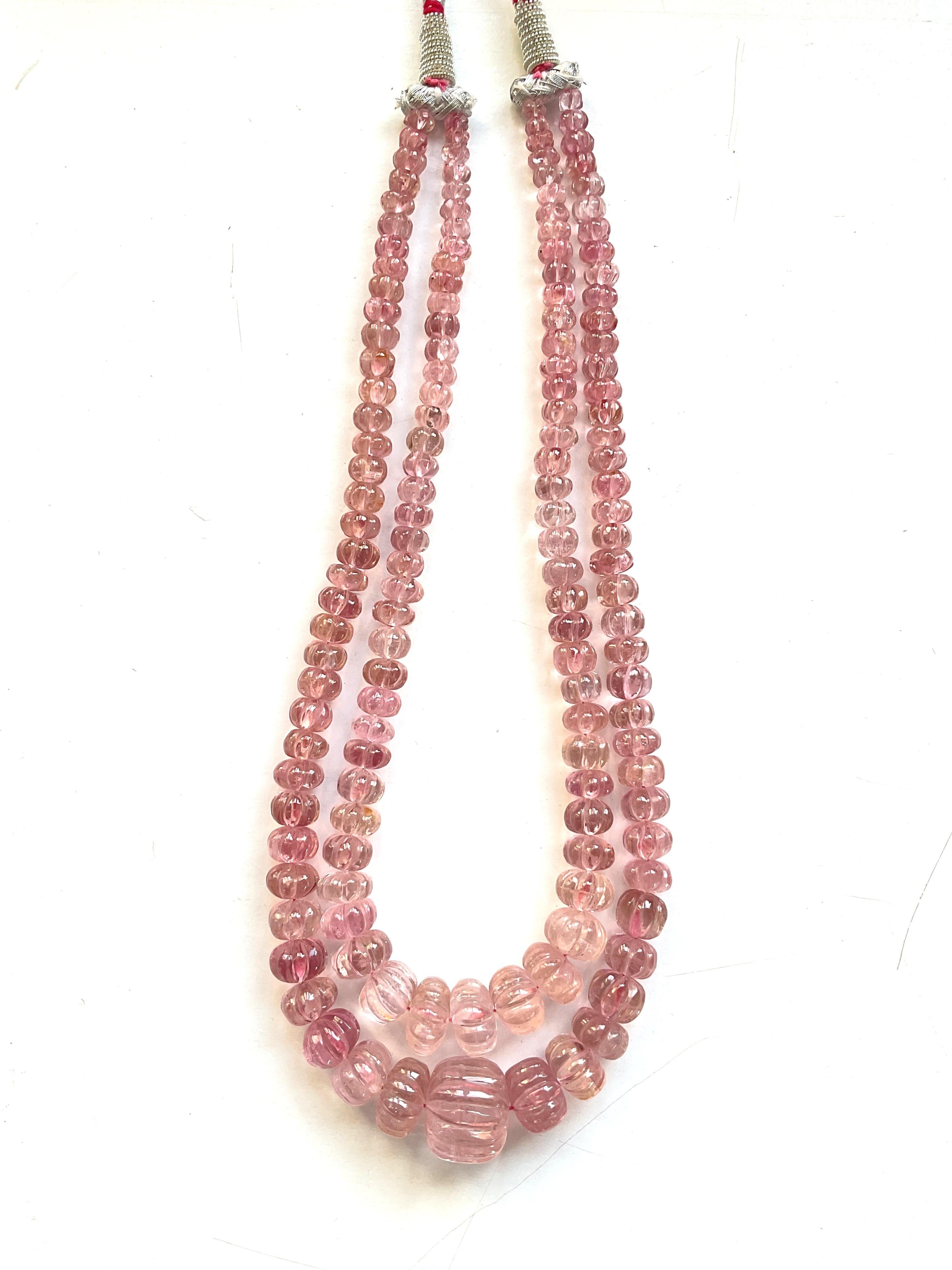 Women's or Men's 396.95 Carats pink Tourmaline carved melon beads necklace Jewelry Natural Gem For Sale
