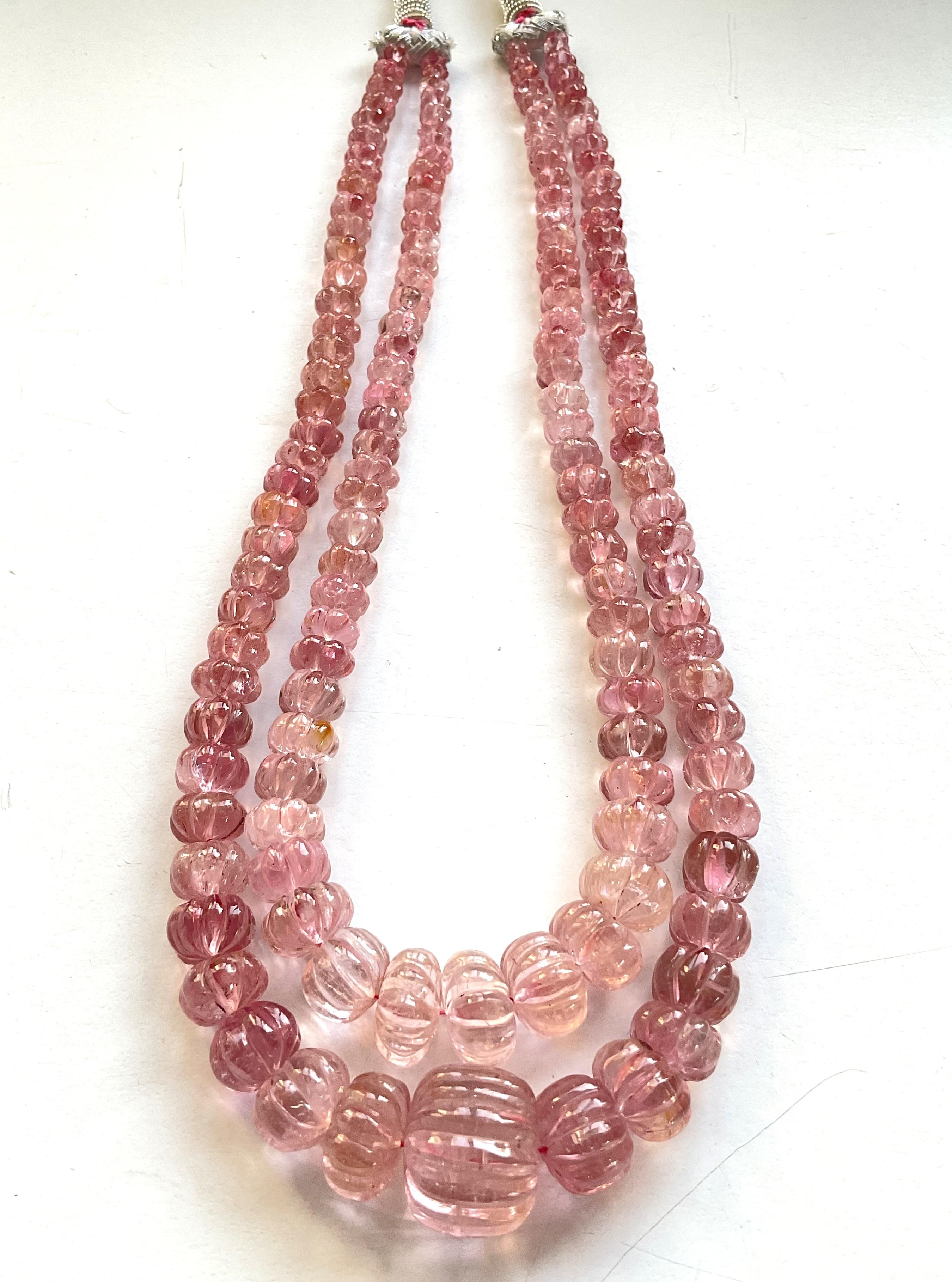 396.95 Carats pink Tourmaline carved melon beads necklace Jewelry Natural Gem For Sale 2