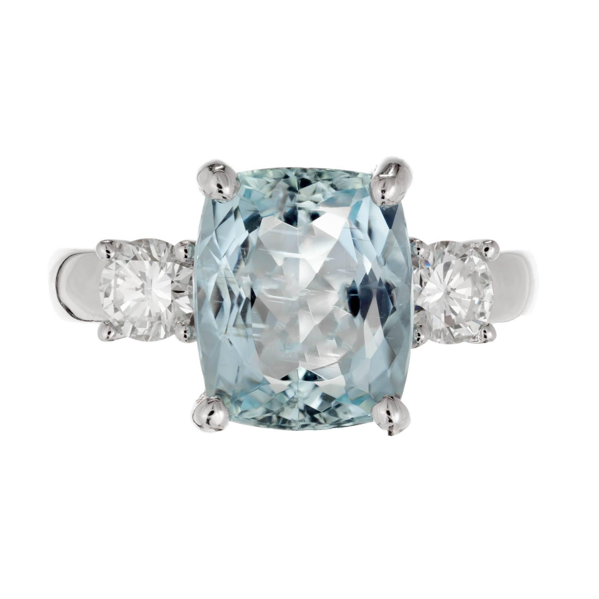 3.97 Carat Bright Blue Aqua Diamond Gold Three-Stone Engagement Ring