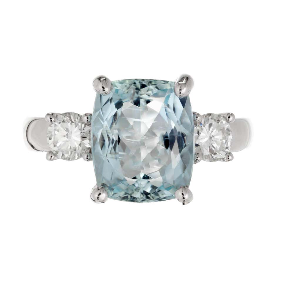 3.97 Carat Bright Blue Aqua Diamond Gold Three-Stone Engagement Ring at ...