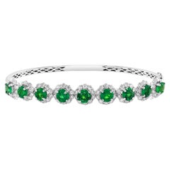 3.97 Carat Brilliant Cut Emerald and Diamond Bangle Bracelet in 18k White Gold