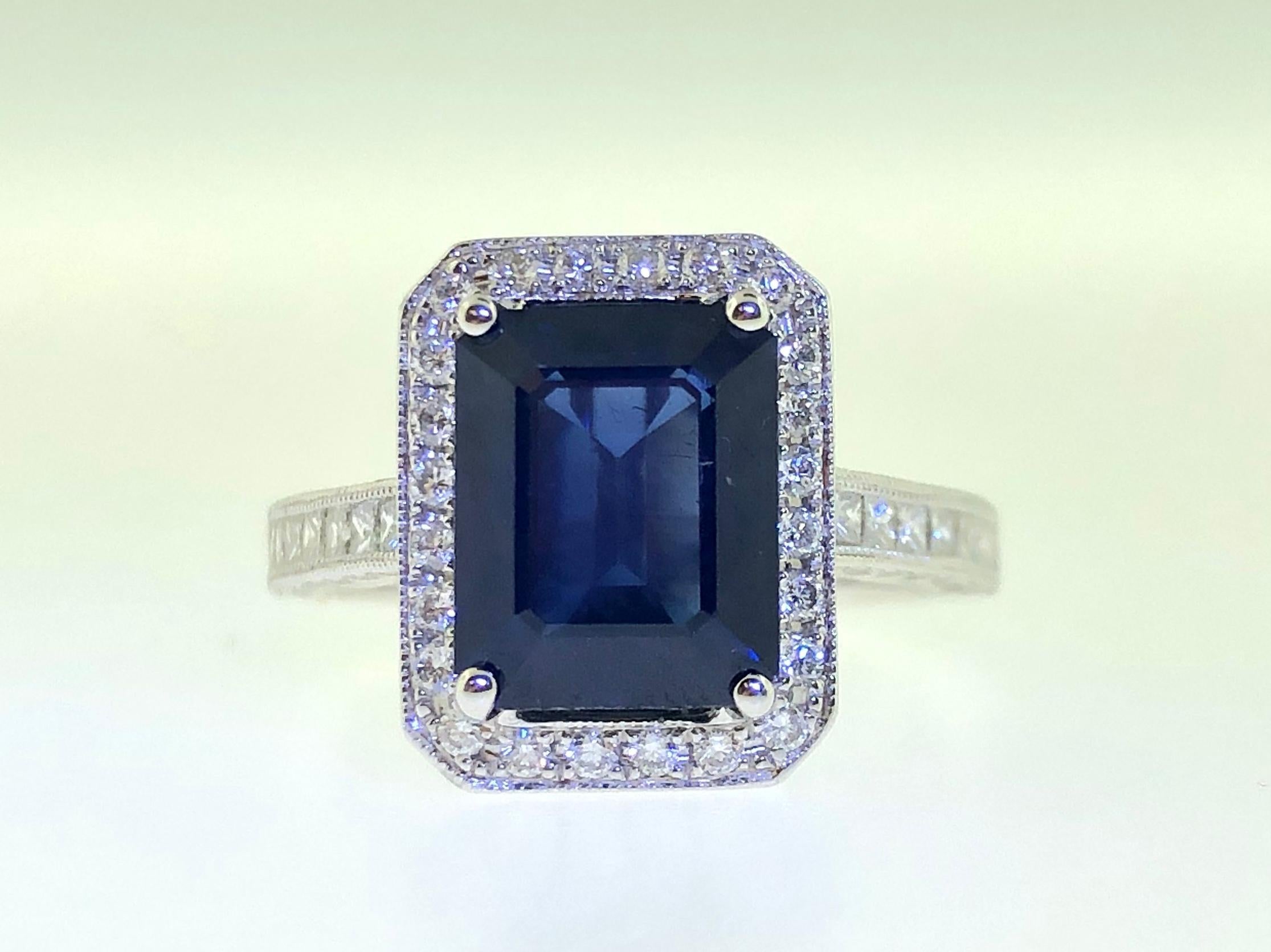 3.97 Carat Emerald Cut Sapphire and Diamond Ring For Sale 1