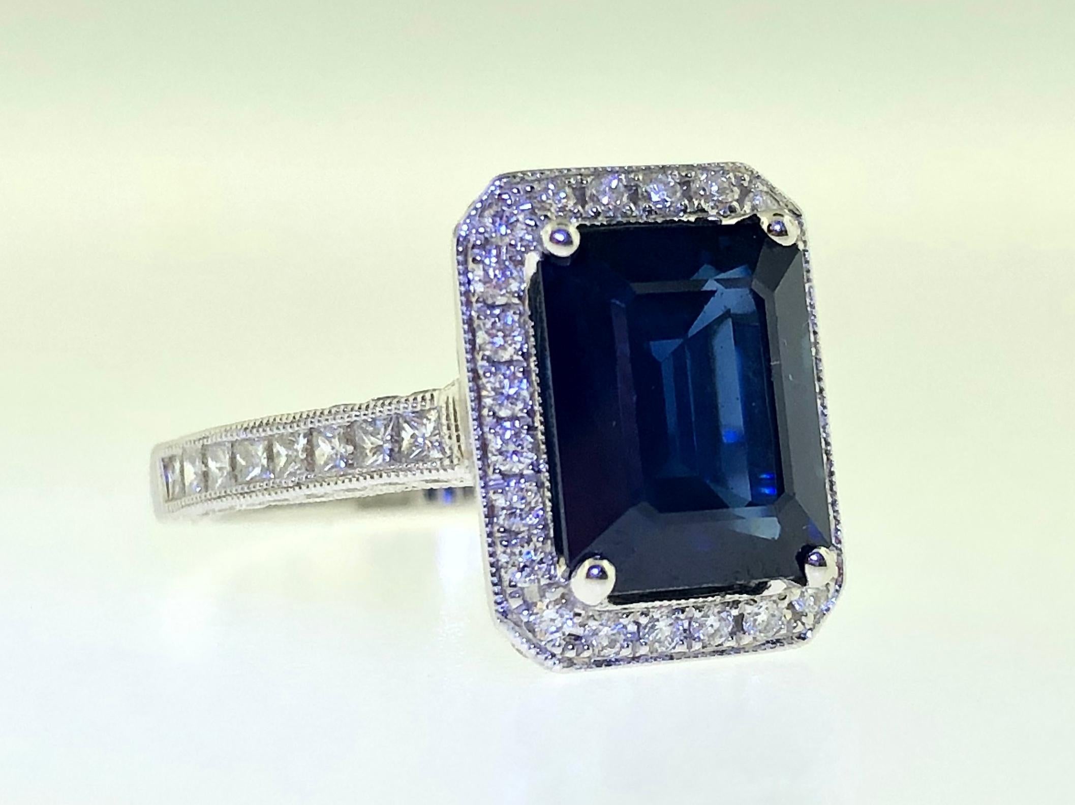3.97 Carat Emerald Cut Sapphire and Diamond Ring For Sale 2