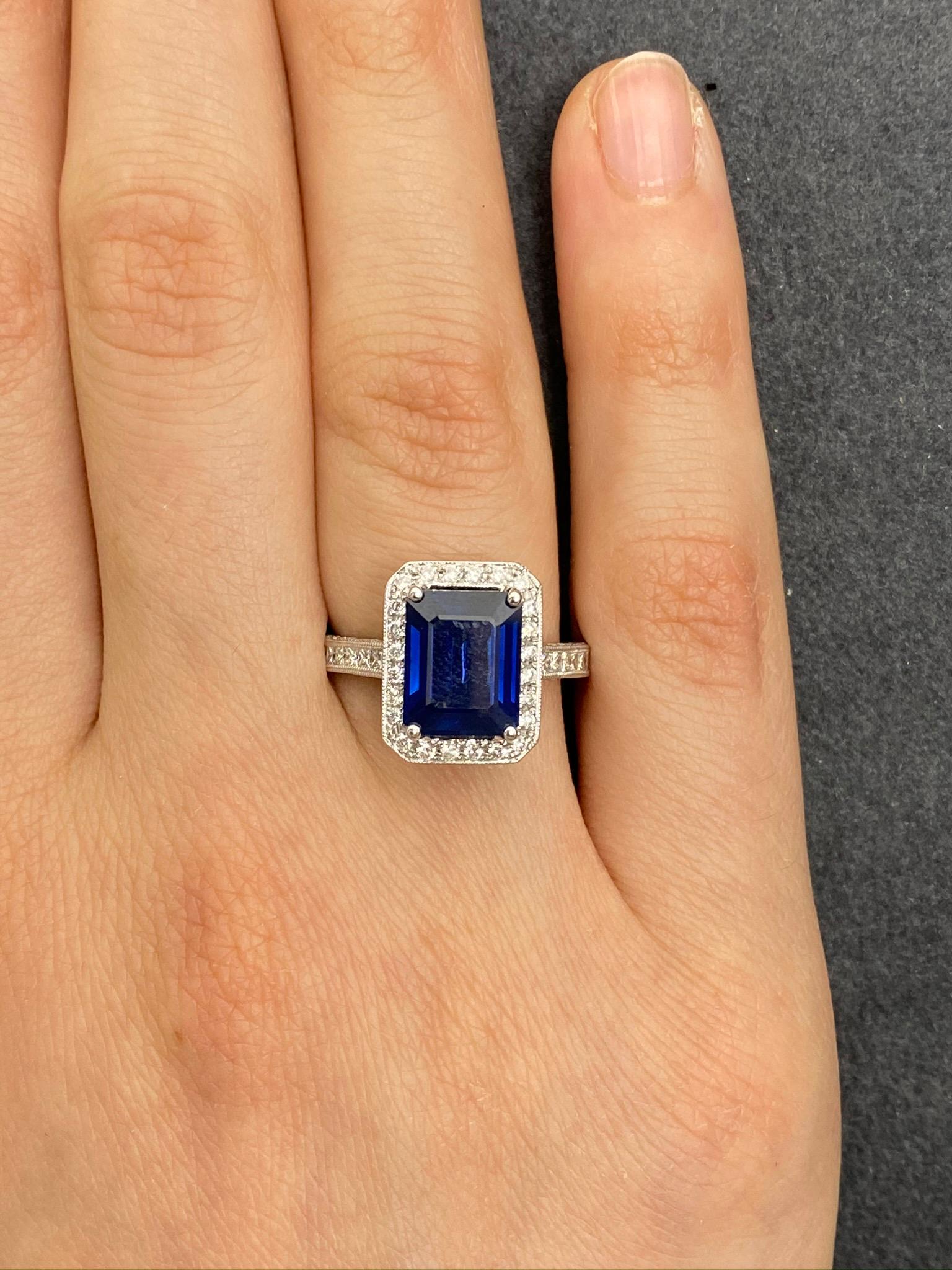 Women's 3.97 Carat Emerald Cut Sapphire and Diamond Ring For Sale
