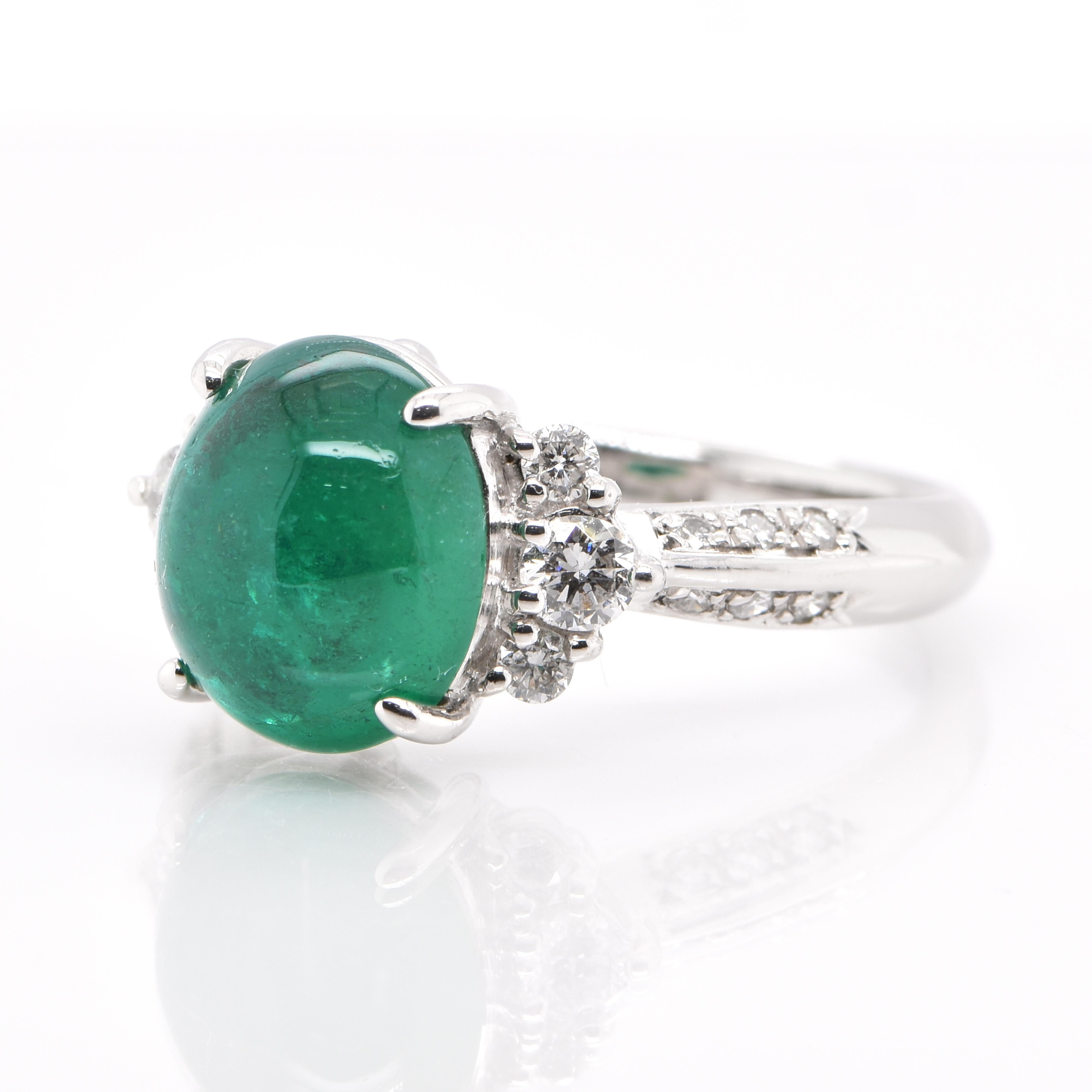 Modern 3.97 Carat, Natural, Colombian Emerald Cabochon and Diamond Ring Set in Platinum