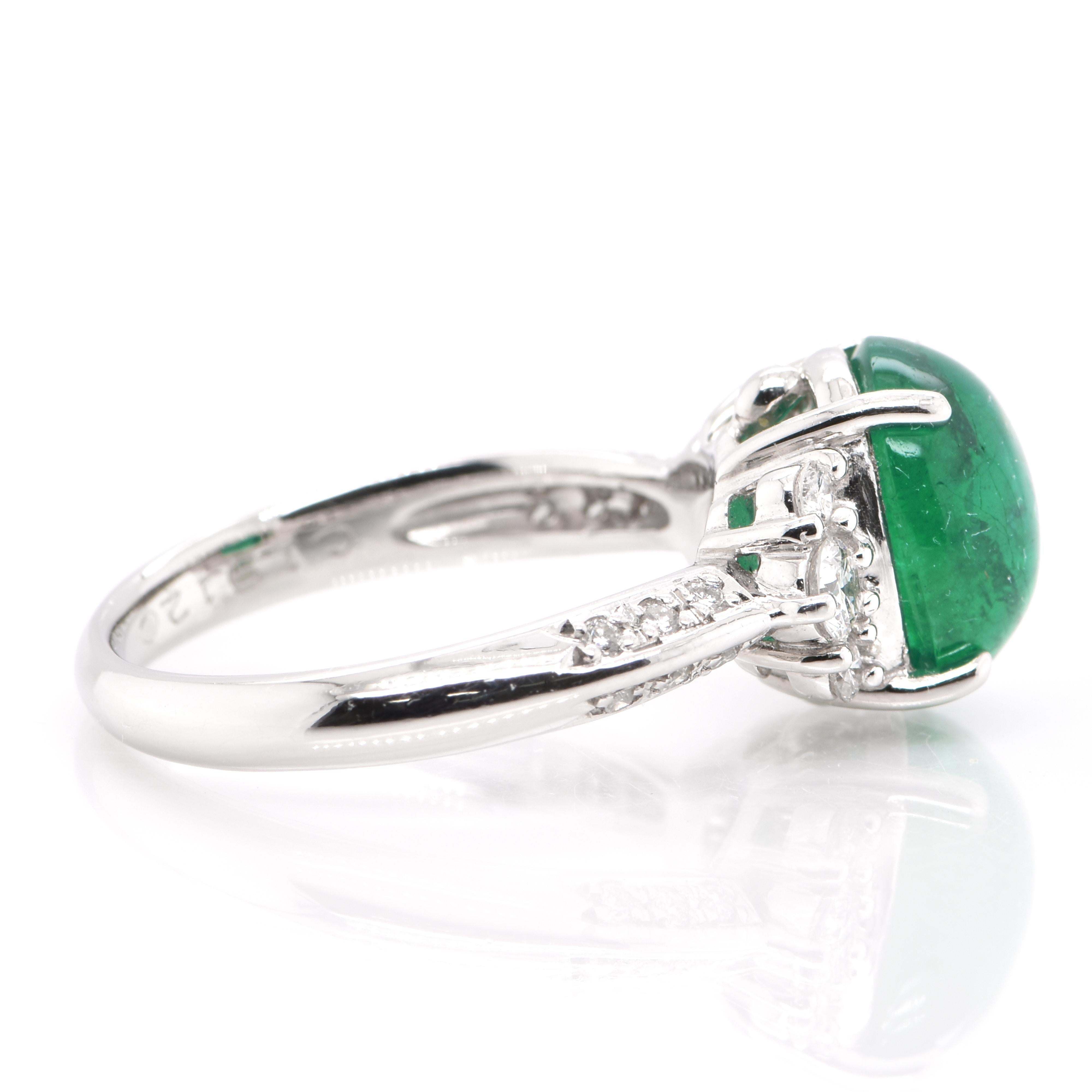 3.97 Carat, Natural, Colombian Emerald Cabochon and Diamond Ring Set in Platinum In Excellent Condition In Tokyo, JP