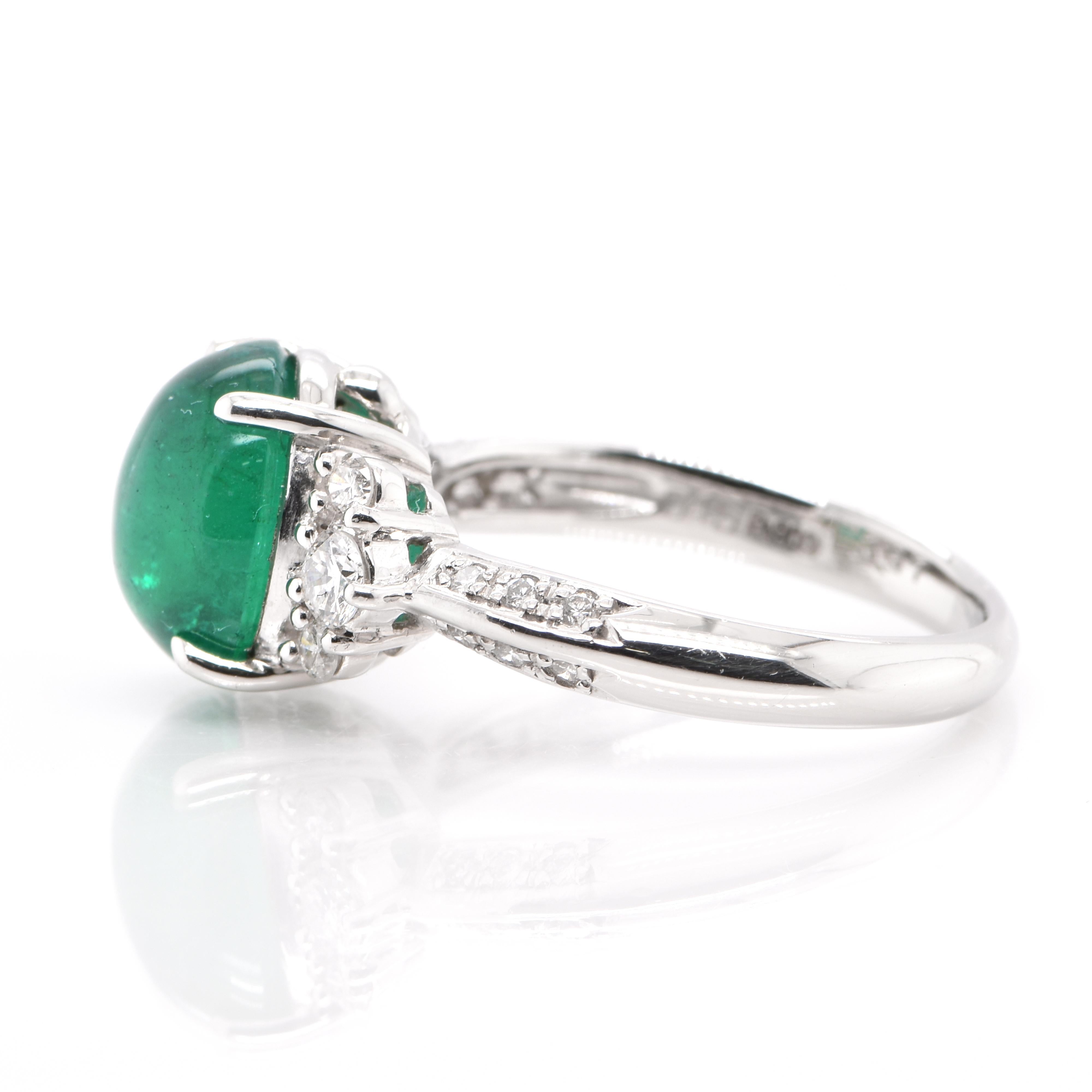 Women's 3.97 Carat, Natural, Colombian Emerald Cabochon and Diamond Ring Set in Platinum