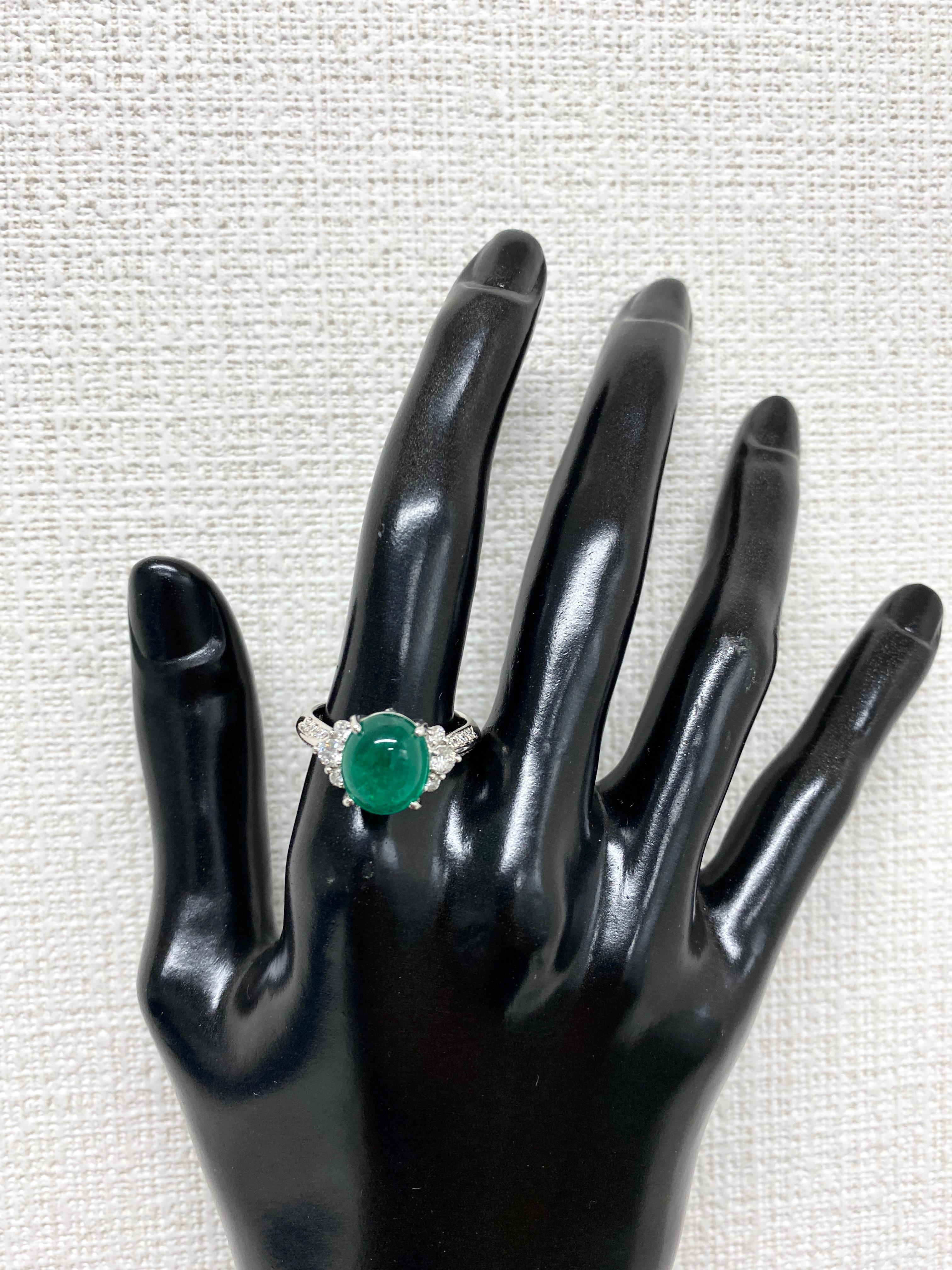 3.97 Carat, Natural, Colombian Emerald Cabochon and Diamond Ring Set in Platinum 1