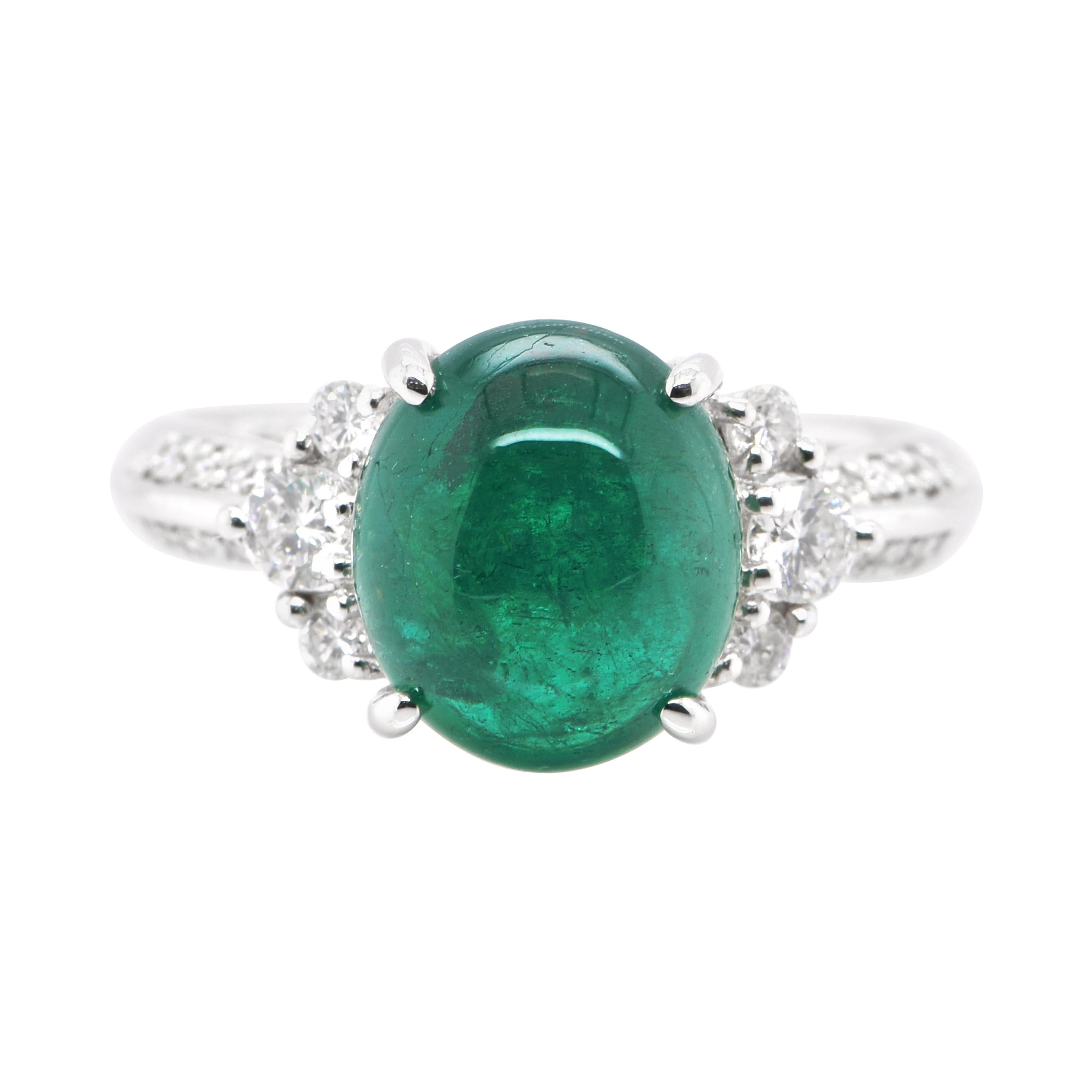 3.97 Carat, Natural, Colombian Emerald Cabochon and Diamond Ring Set in Platinum