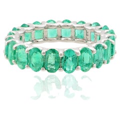 3.97 Carat Oval Natural Emerald Full Eternity Band Ring 18k White Gold Jewelry