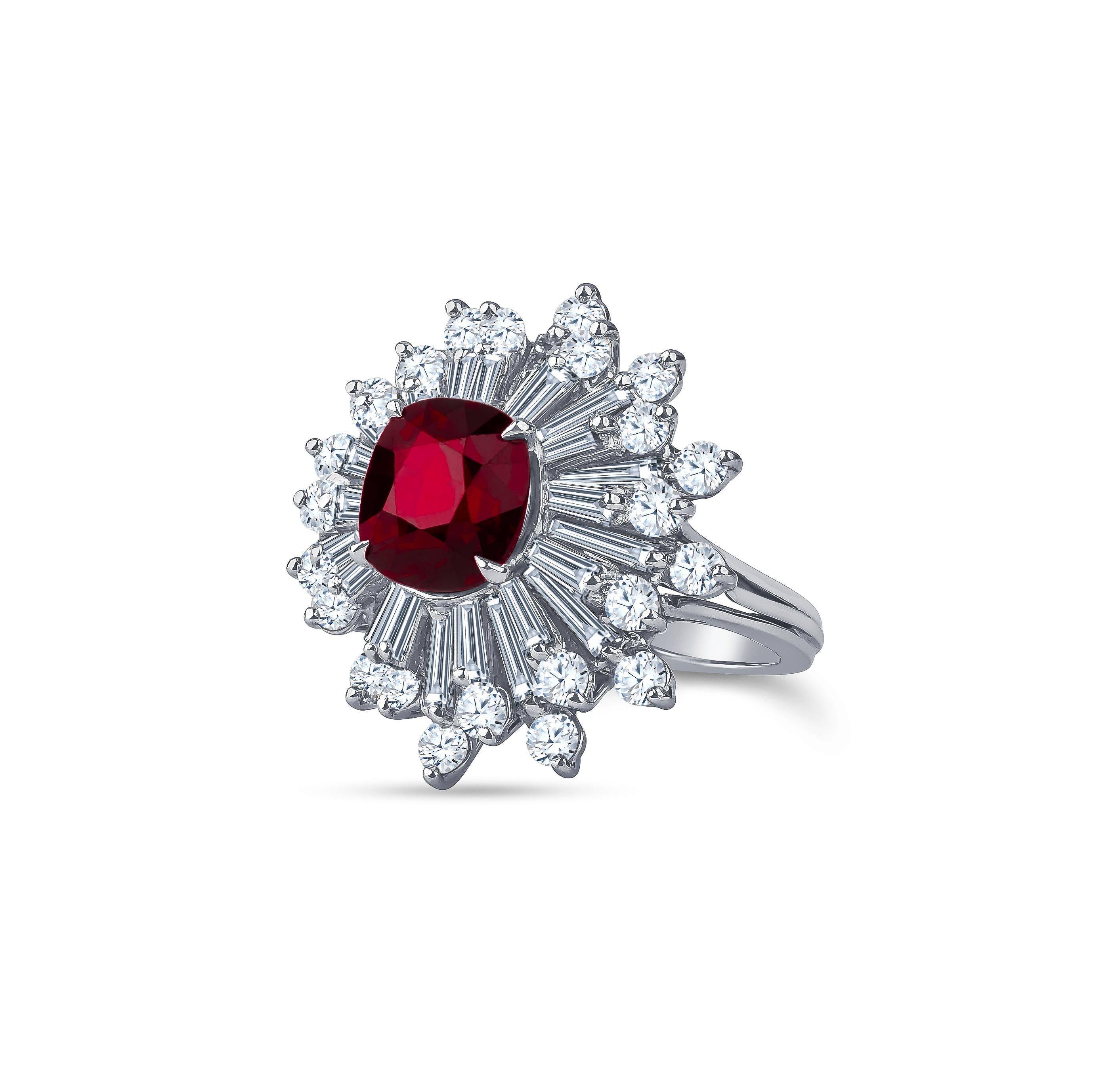 3.97 Carat Ruby (GIA report) center ring with fine baguette and round diamonds all around set in platinum. Ring size 6.5, size is resize-able to larger or smaller upon request. 

Ruby measurements: 9.05x8.20x6.35mm