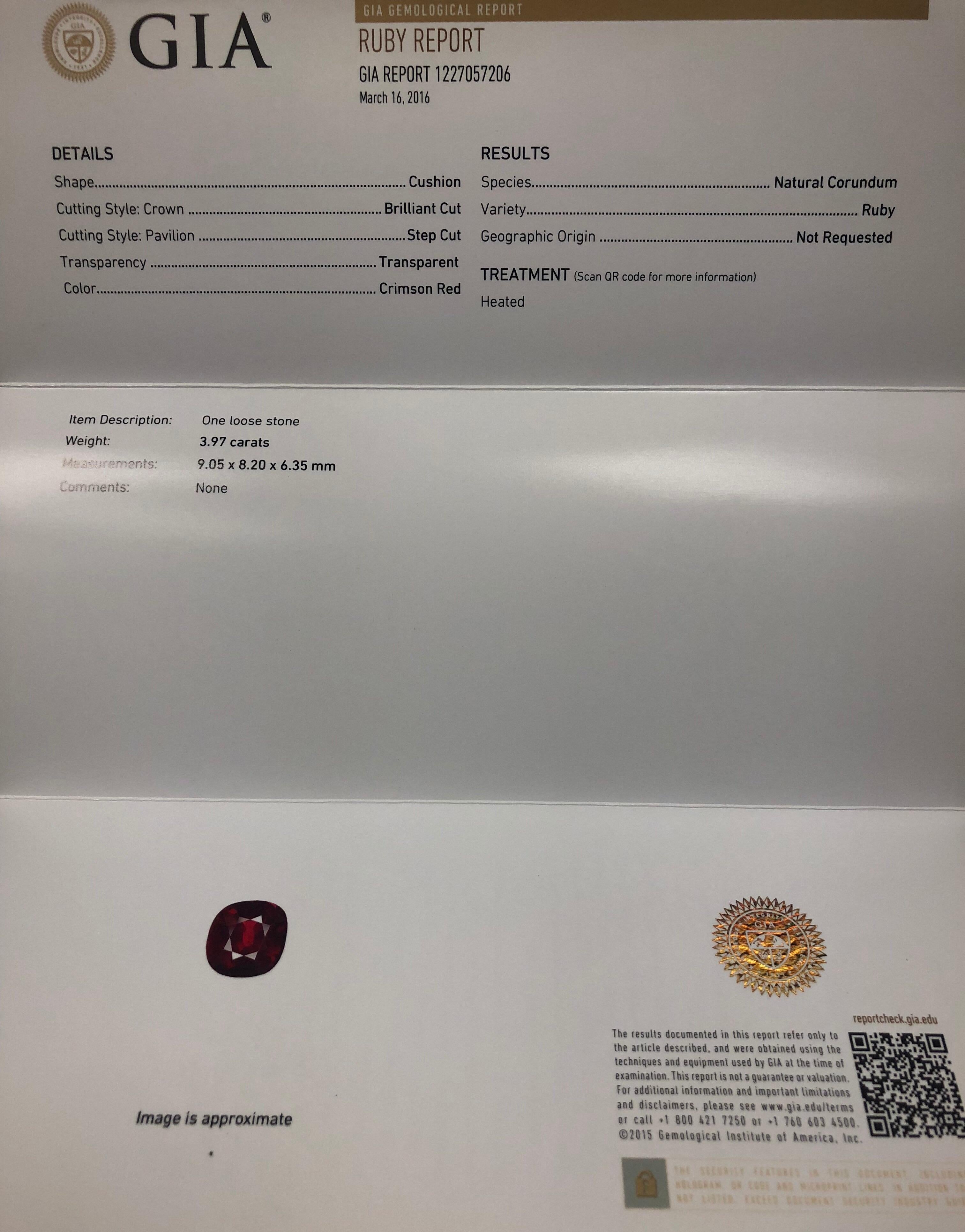 3.97 Carat Ruby Center and Fine Baguette Round Diamonds, GIA Report Included 2