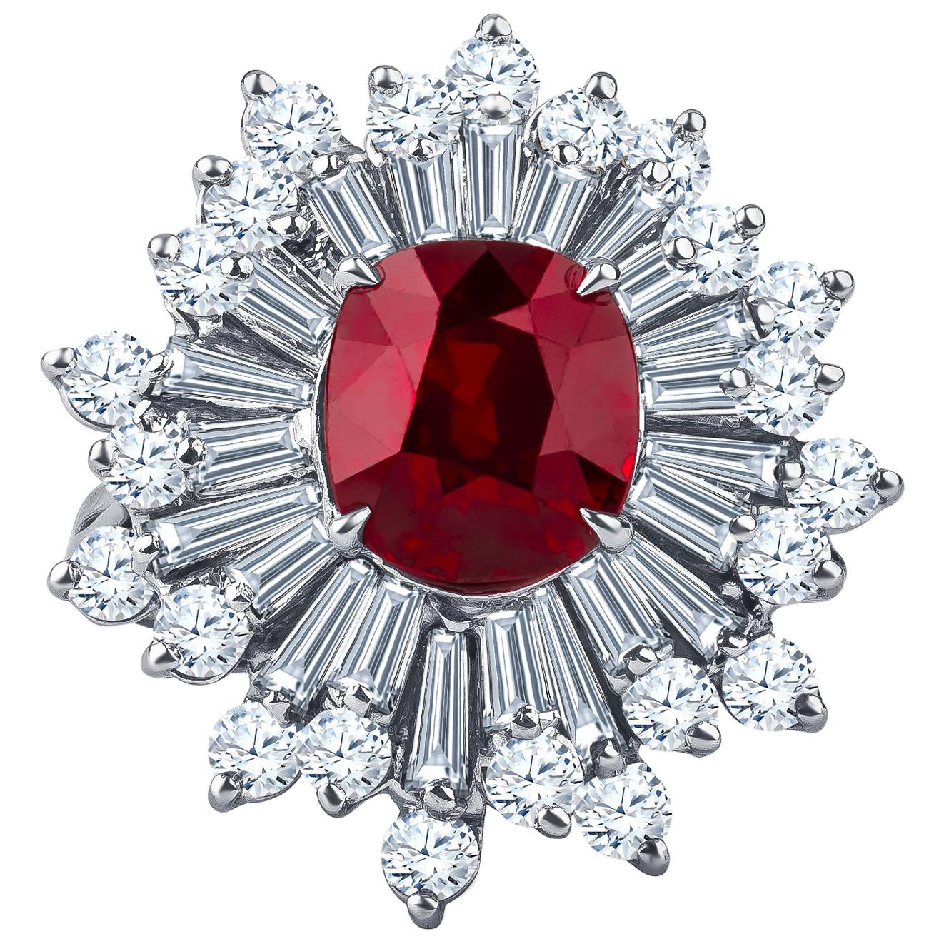 3.97 Carat Ruby Center and Fine Baguette Round Diamonds, GIA Report Included