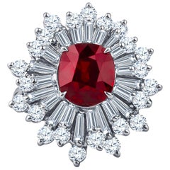 3.97 Carat Ruby Center and Fine Baguette Round Diamonds, GIA Report Included
