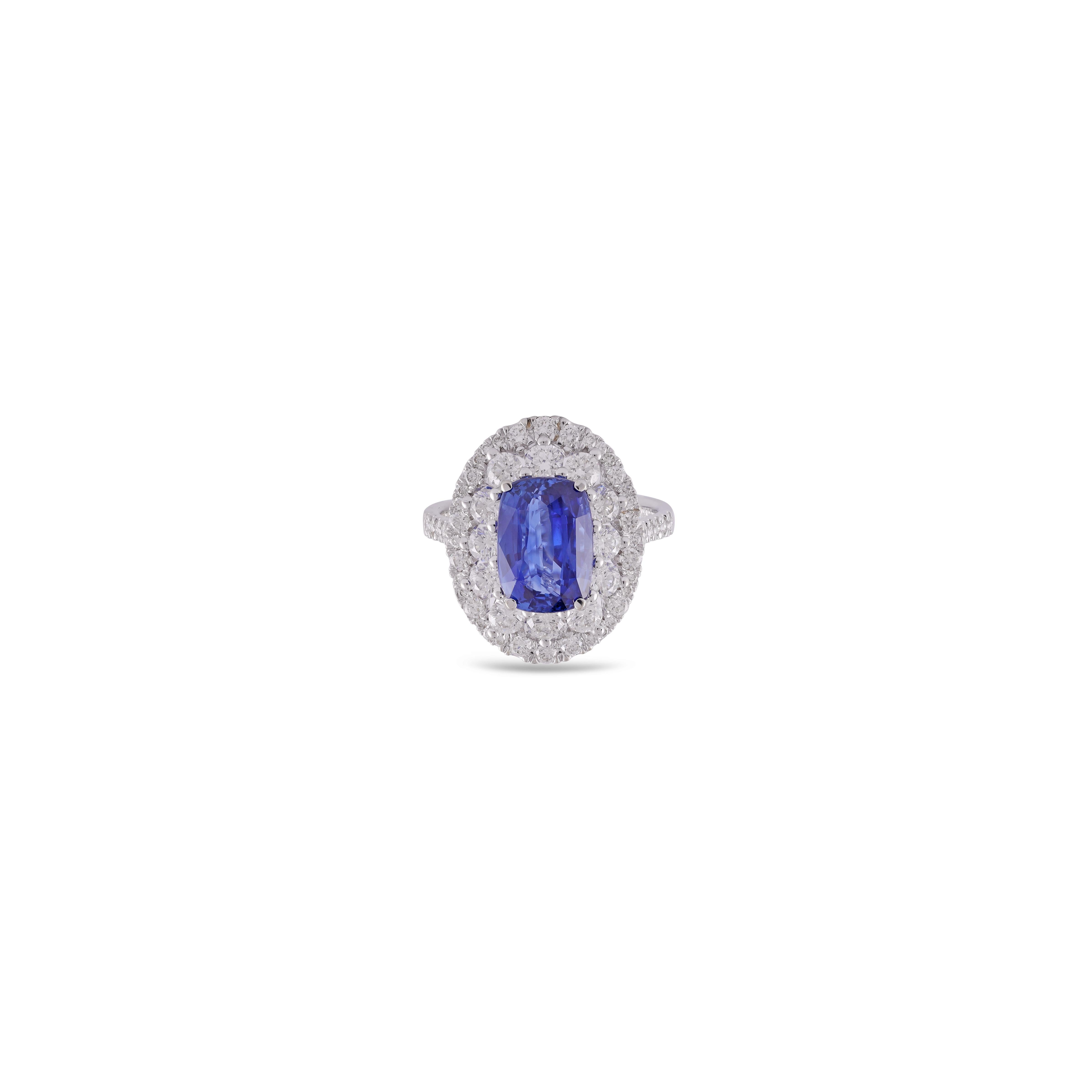 Its an exclusive Sapphire & diamond ring studded in 18k White gold with 1 piece of Sapphire weight 3.97 carat with 60 pieces of diamonds weight 1.60 carat this entire ring is studded in 18k White gold , ring size can be change as per the