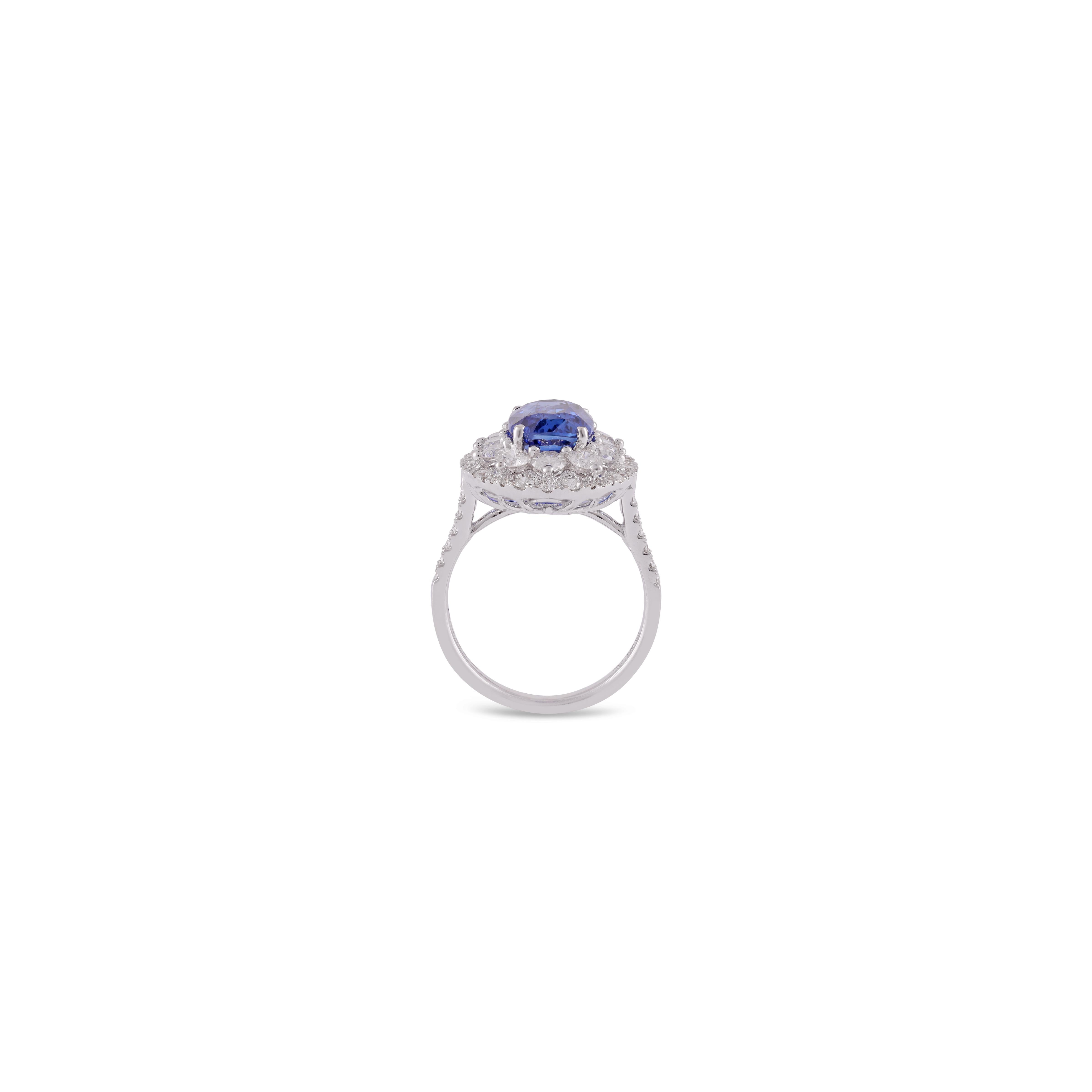 Modern 3.97 Cts High Value Clear Blue Sapphire & Diamond Cluster Ring in 18k White Gold