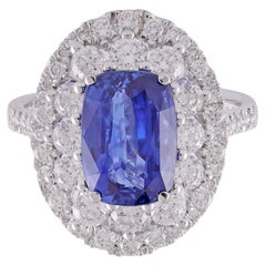 3.97 Cts High Value Clear Blue Sapphire & Diamond Cluster Ring in 18k White Gold