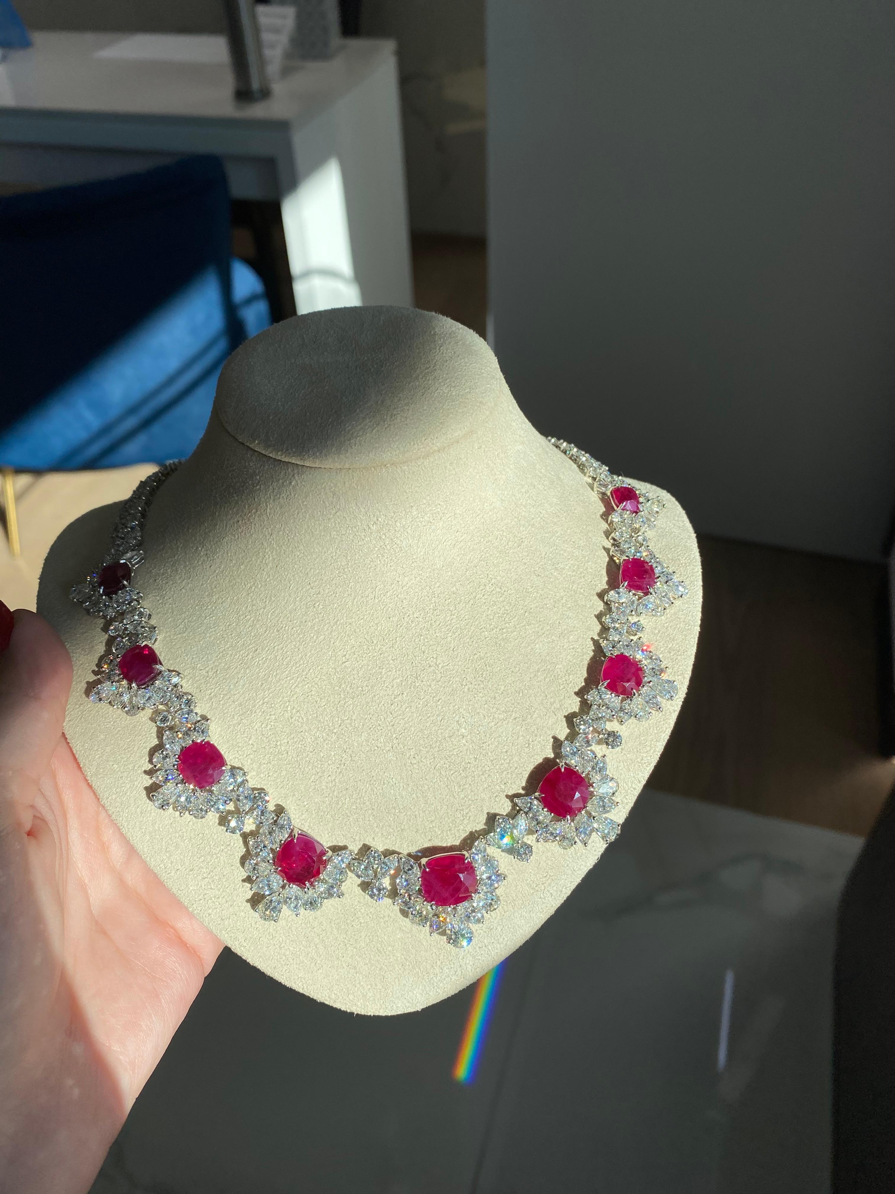 39.74 Carat Burma Ruby and 49.56 Carat Diamond Floral Necklace in Platinum In New Condition In Houston, TX