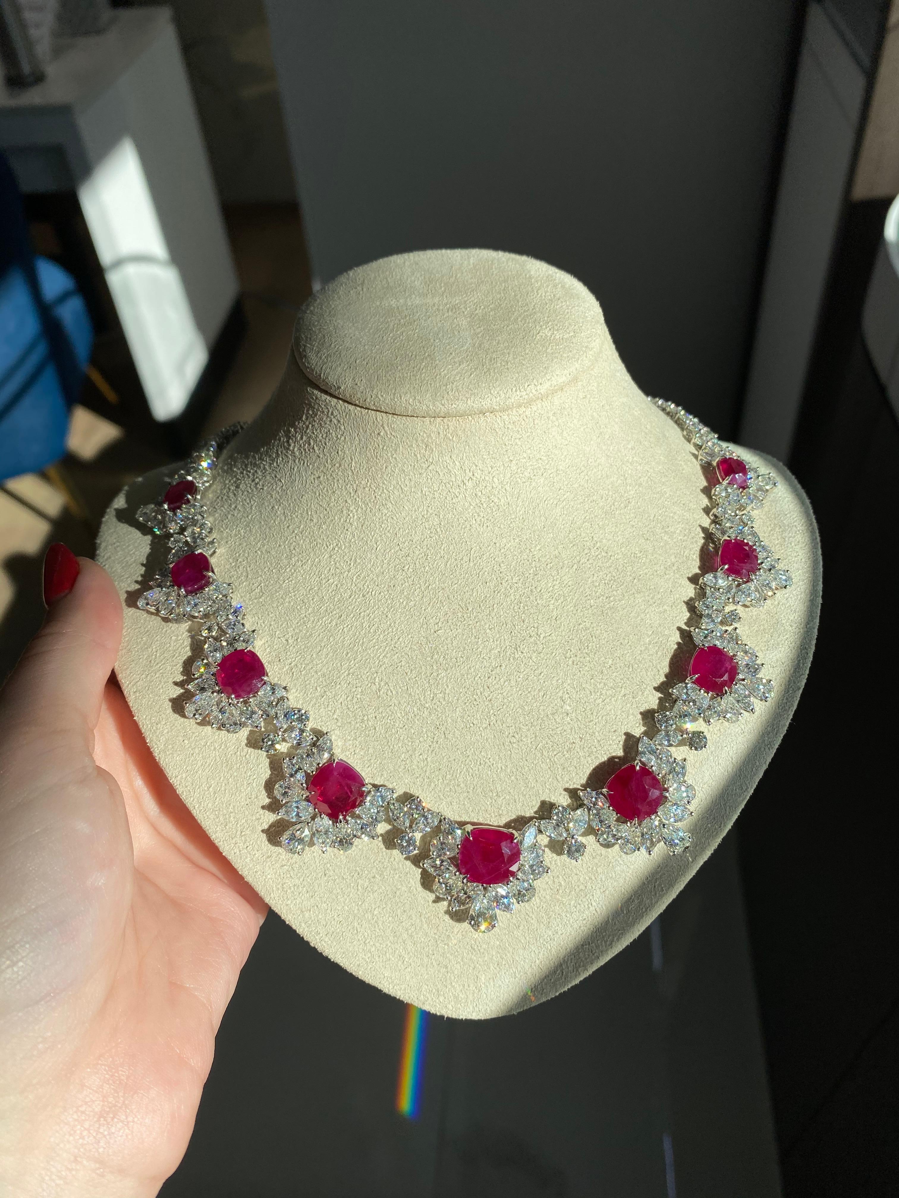 39.74 Carat Burma Ruby and 49.56 Carat Diamond Floral Necklace in Platinum 2
