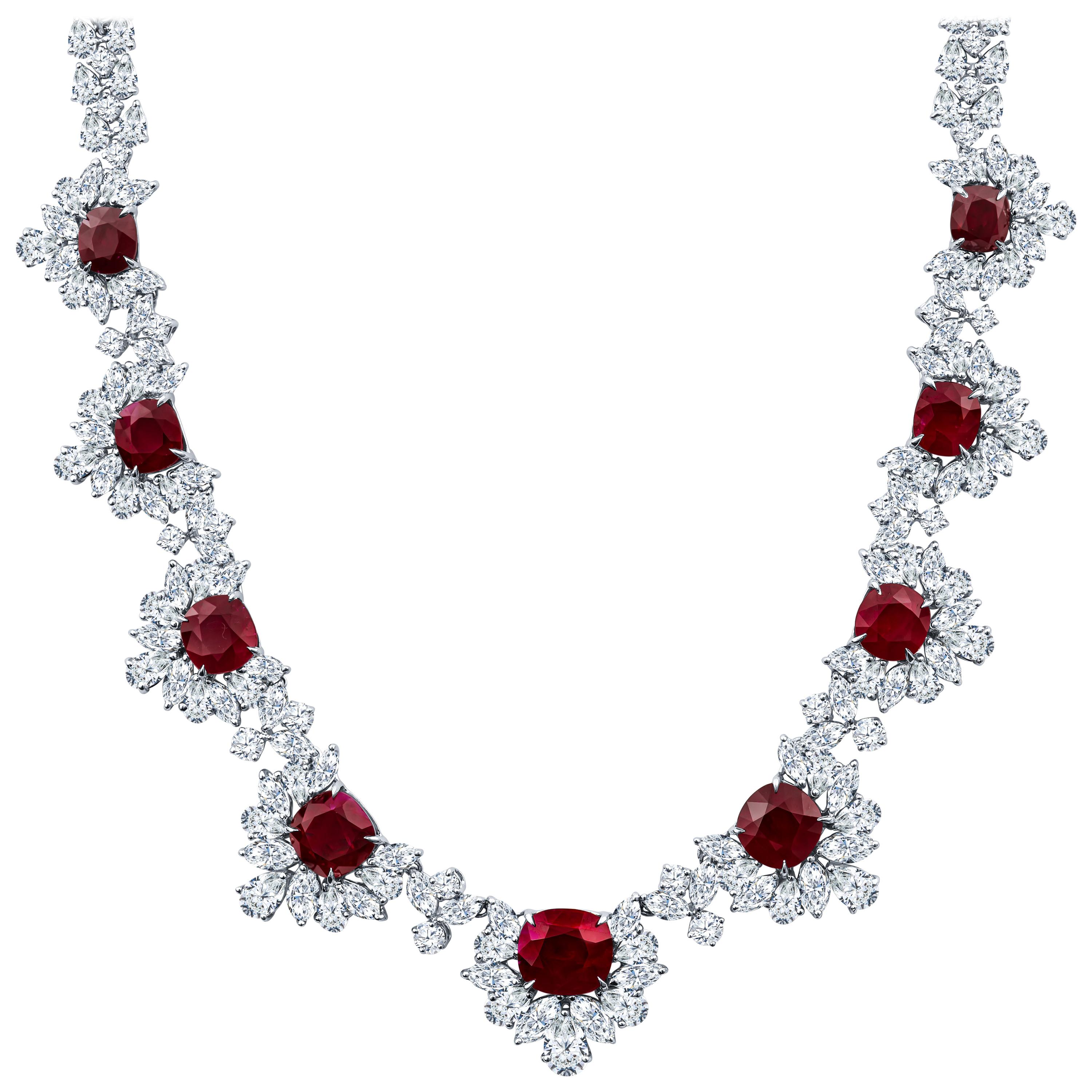 39.74 Carat Burma Ruby and 49.56 Carat Diamond Floral Necklace in Platinum