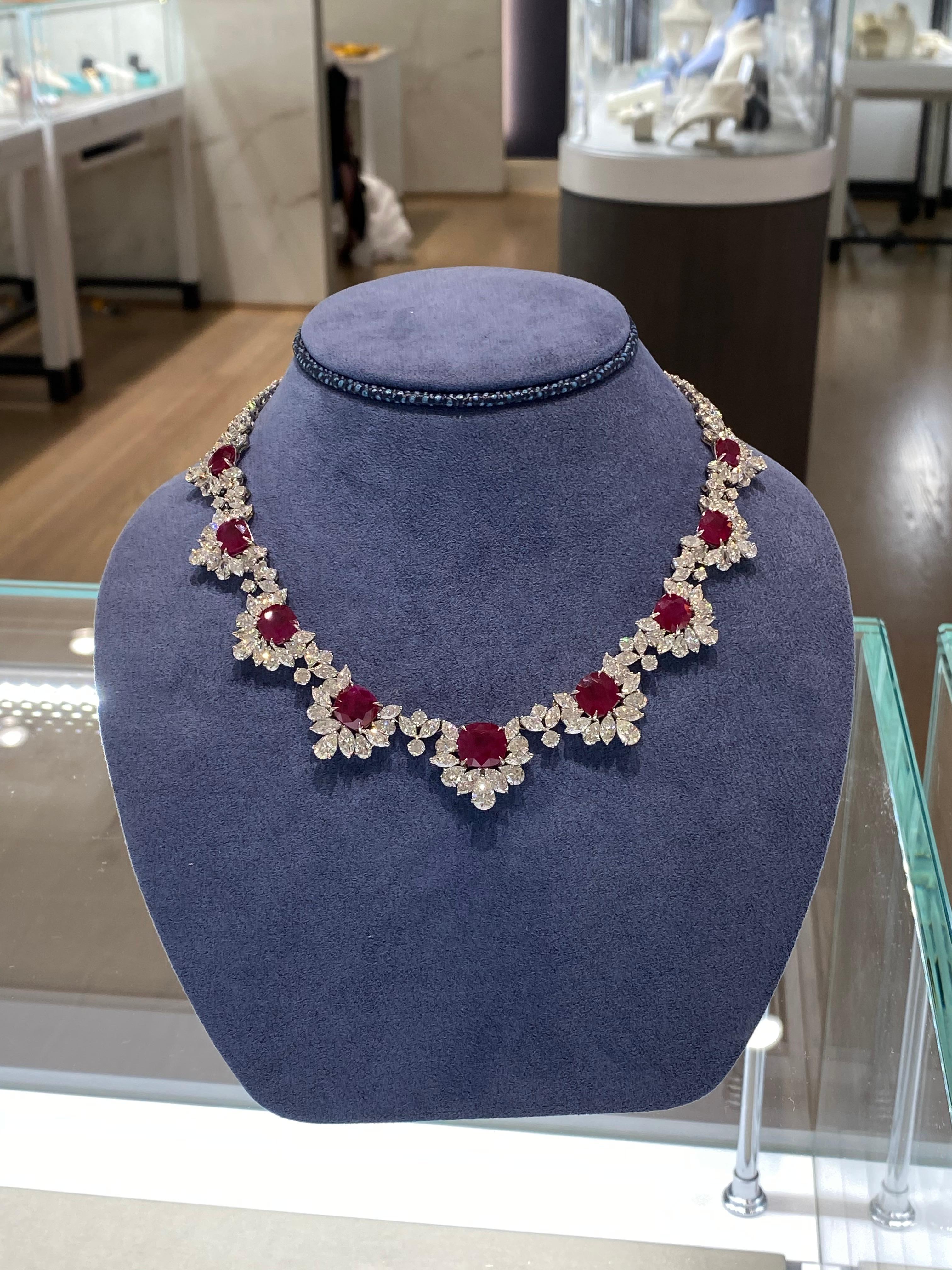 Cushion Cut 39.74 Carat Burma Ruby and 49.56 Carat Diamond Floral Necklace in Platinum