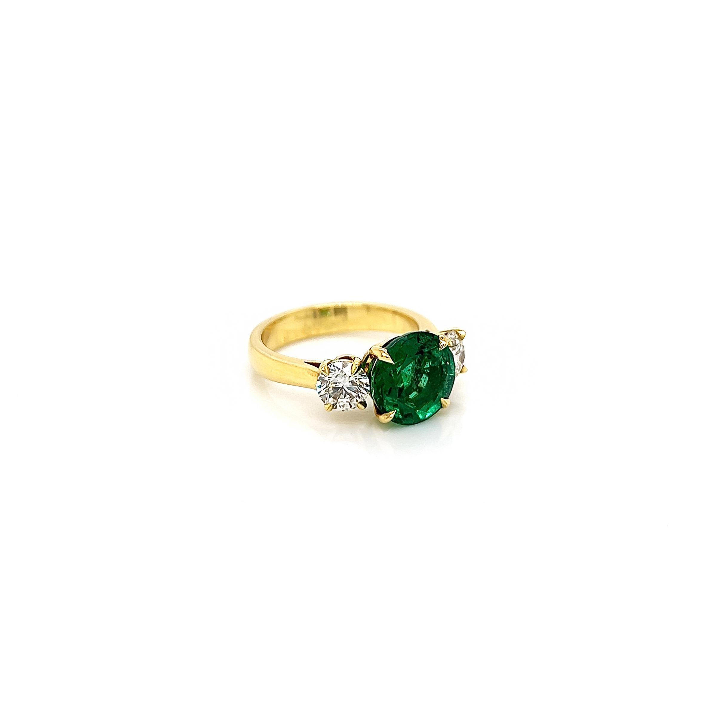 Round Cut 3.97 Total Carat Emerald and Diamond Three Stone Ladies Ring GIA For Sale