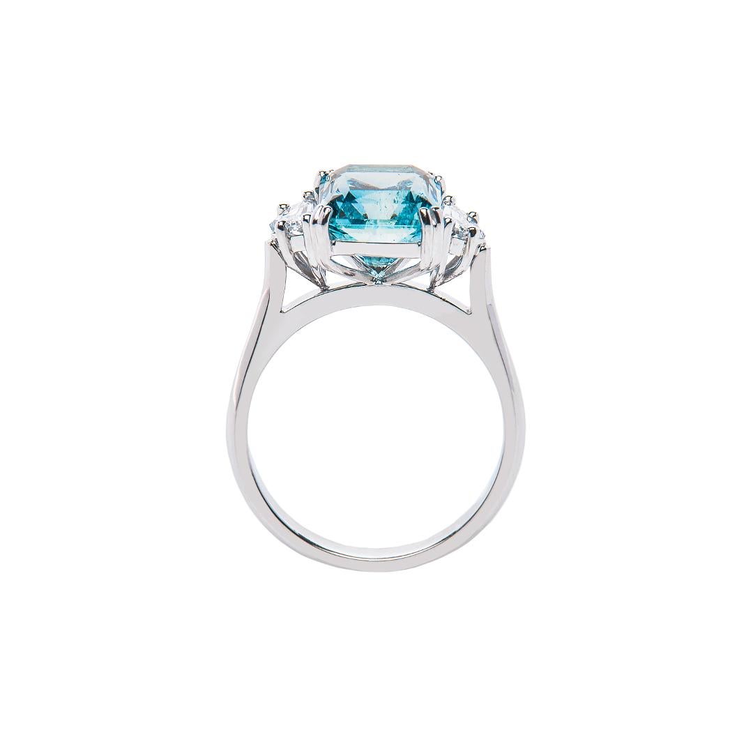 Contemporary 3.98 Carat Aquamarine Emerald Cut Diamond Three-Stone Ring Natalie Barney For Sale