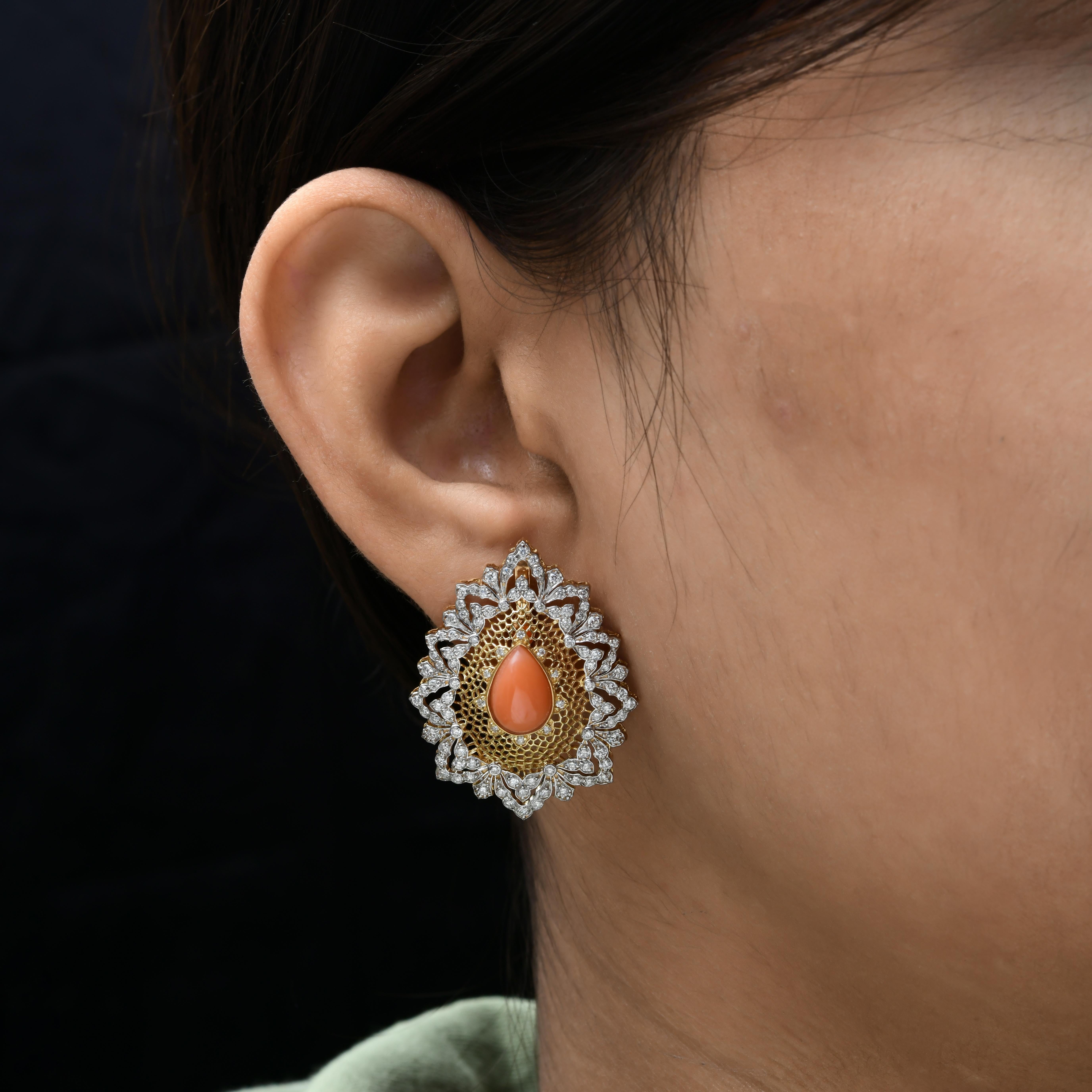 Modern 3.98 Carat Coral Gemstone 1.62 Carat SI/H Diamond Earrings 18 Karat White Gold For Sale