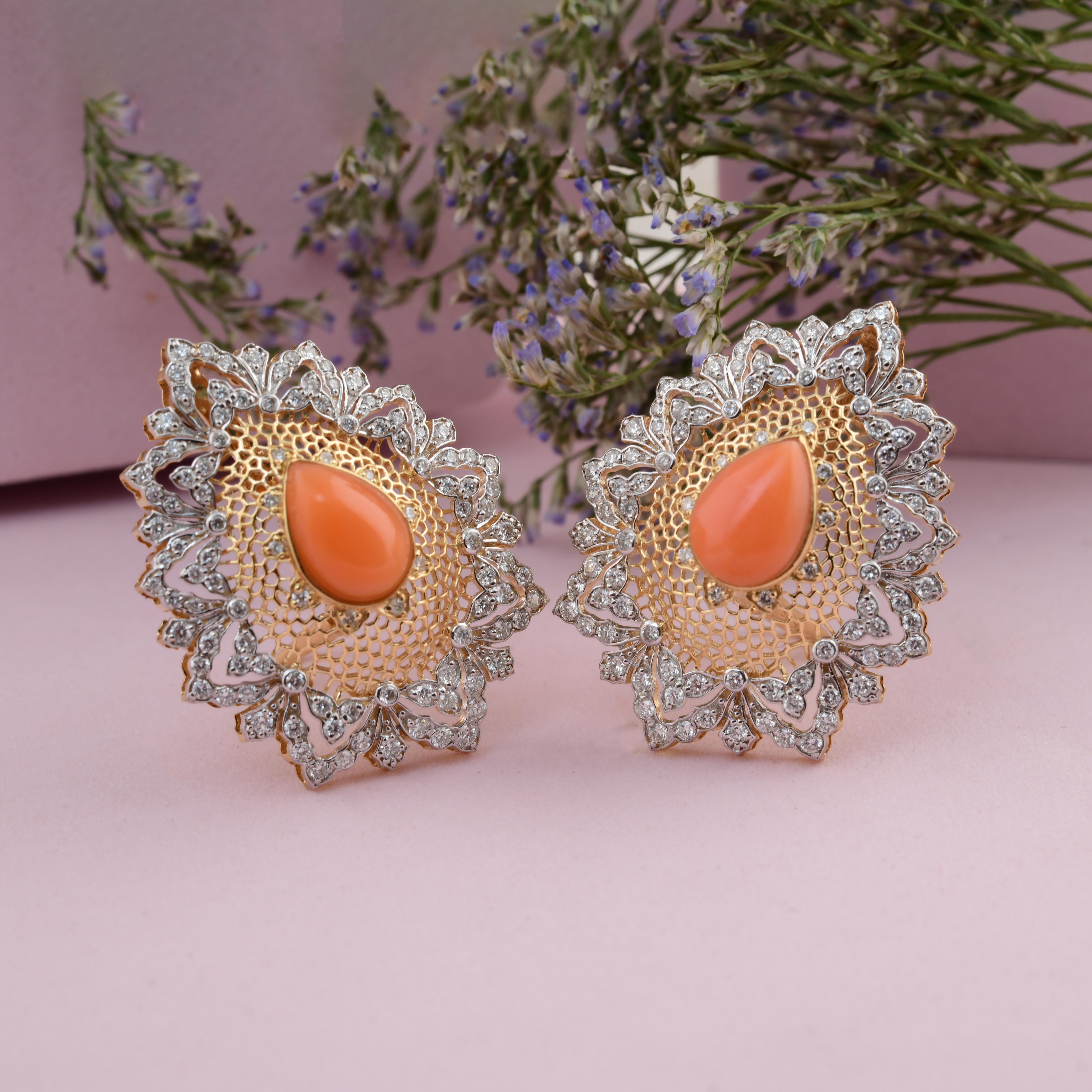 Pear Cut 3.98 Carat Coral Gemstone 1.62 Carat SI/H Diamond Earrings 18 Karat White Gold For Sale