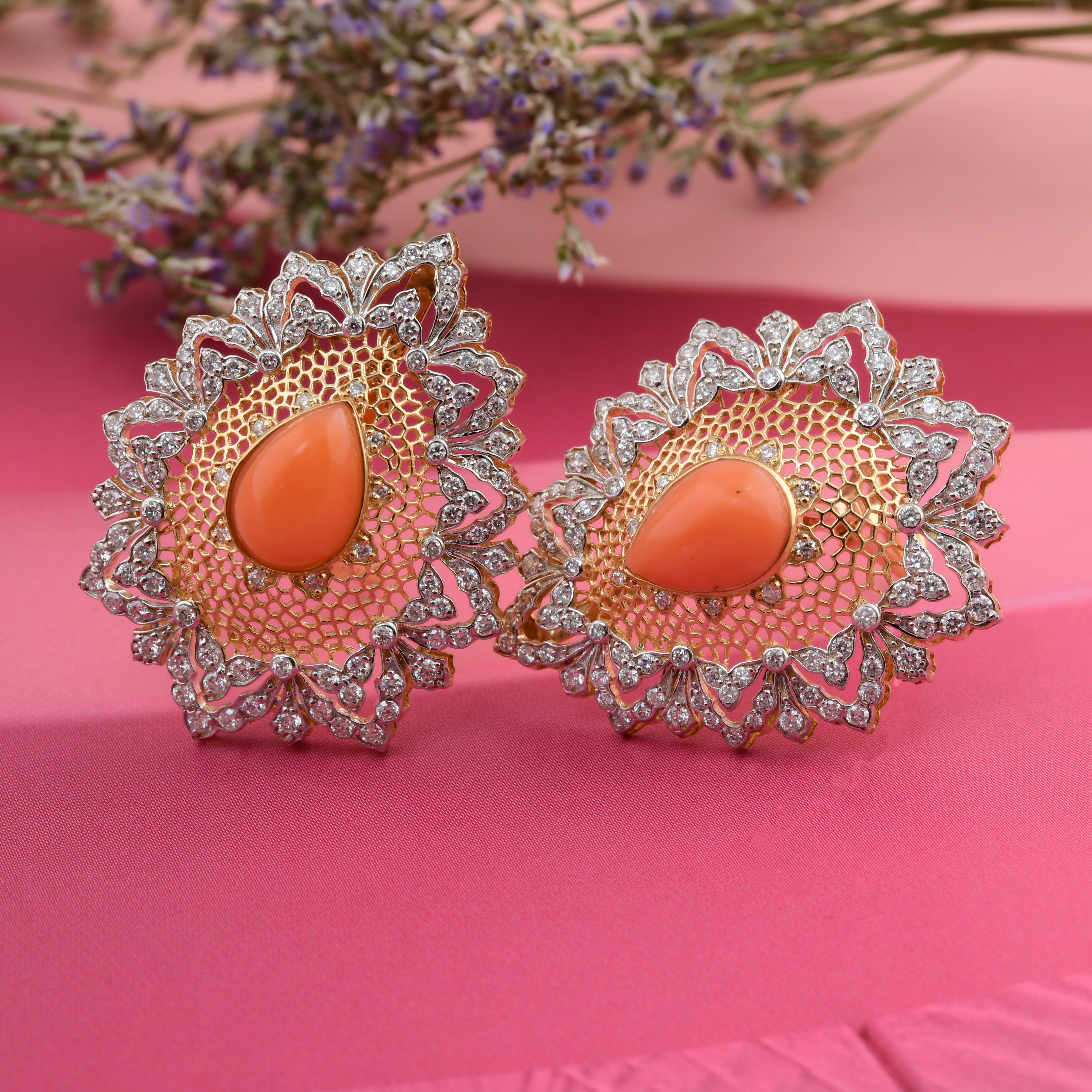 Women's 3.98 Carat Coral Gemstone 1.62 Carat SI/H Diamond Earrings 18 Karat White Gold For Sale