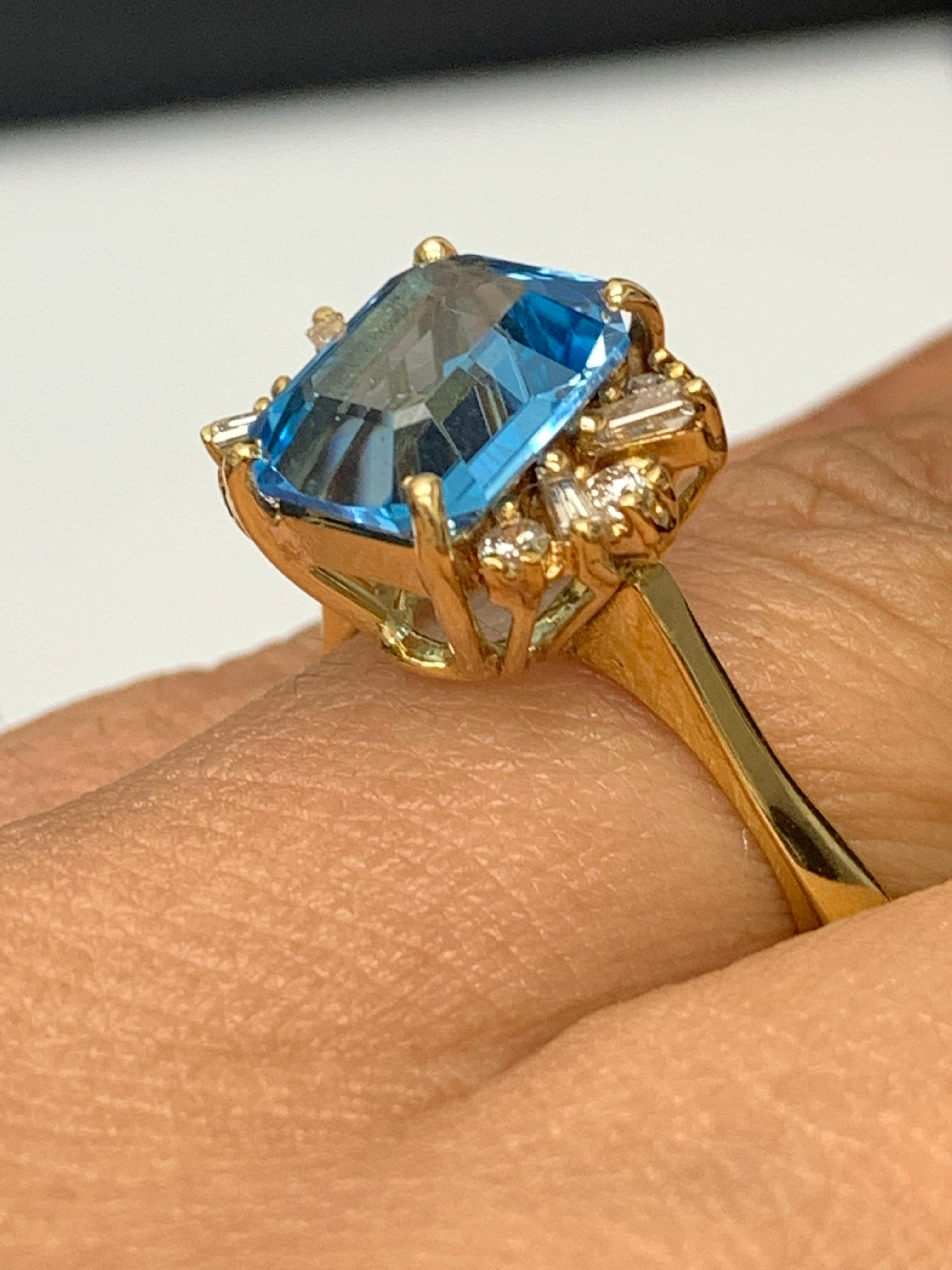3.98 Carat Emerald Cut Blue Topaz and Diamond Ring in 14K Yellow Gold For Sale 4