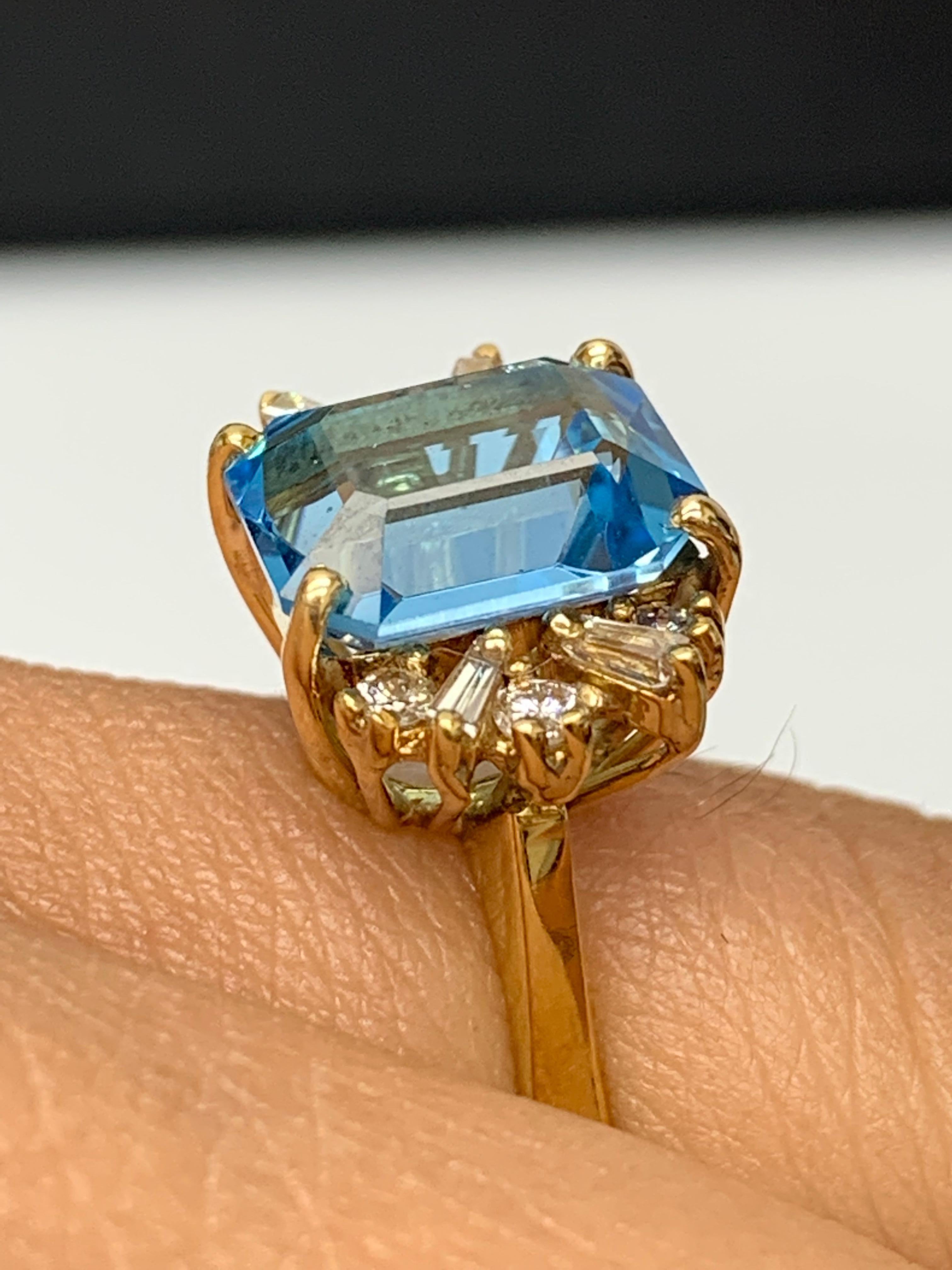 3.98 Carat Emerald Cut Blue Topaz and Diamond Ring in 14K Yellow Gold For Sale 5