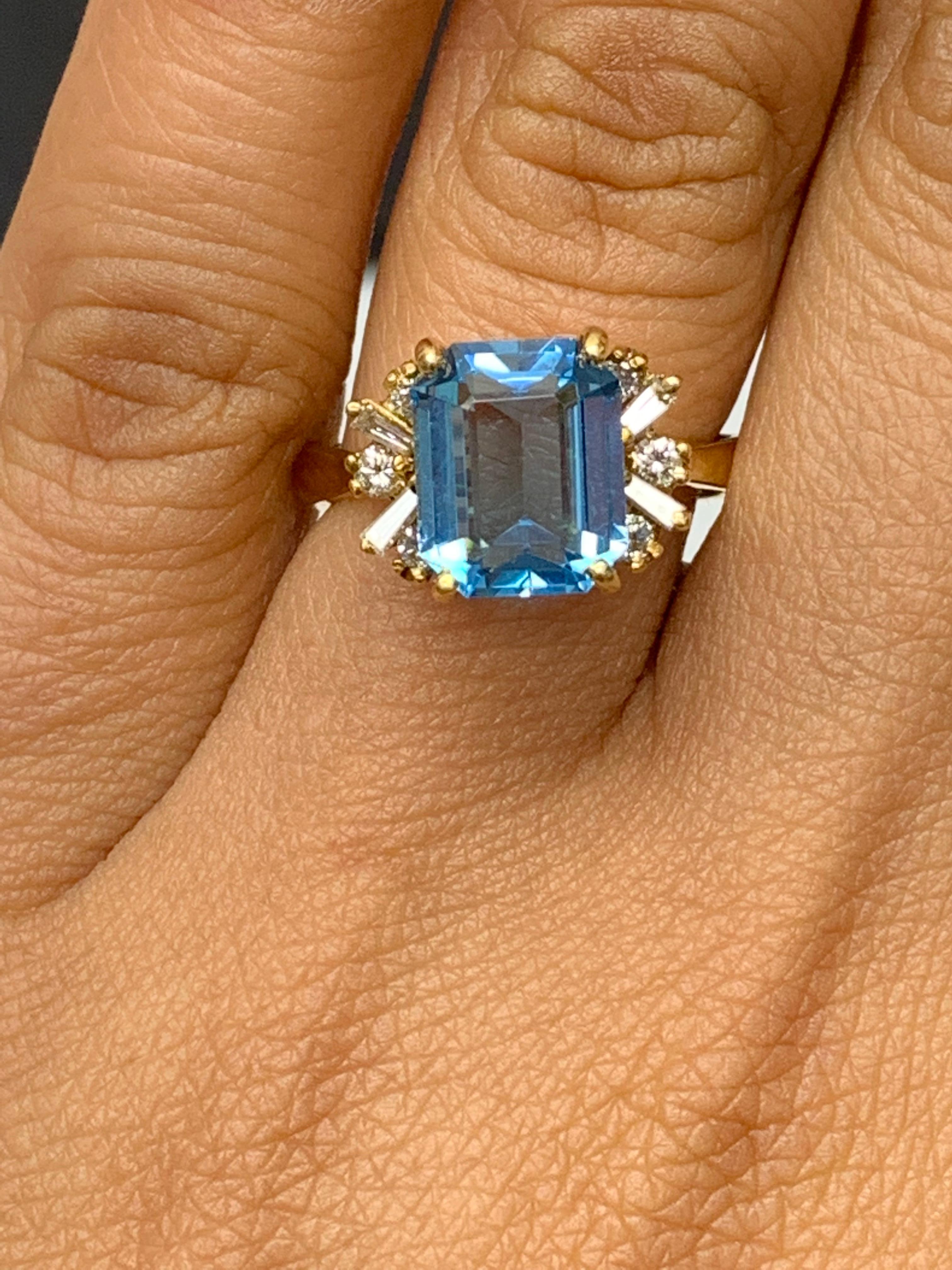 3.98 Carat Emerald Cut Blue Topaz and Diamond Ring in 14K Yellow Gold For Sale 6