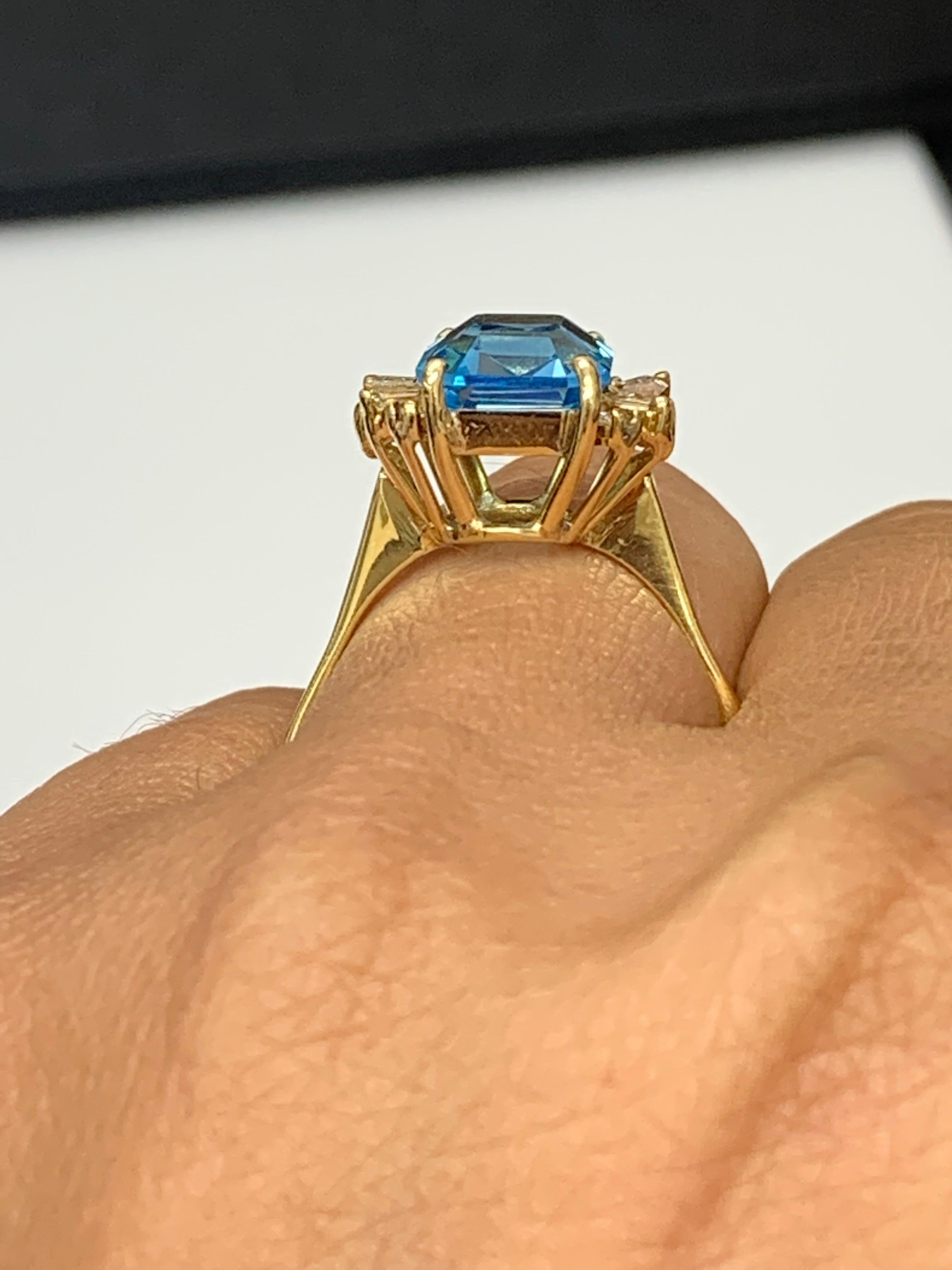 3.98 Carat Emerald Cut Blue Topaz and Diamond Ring in 14K Yellow Gold For Sale 7