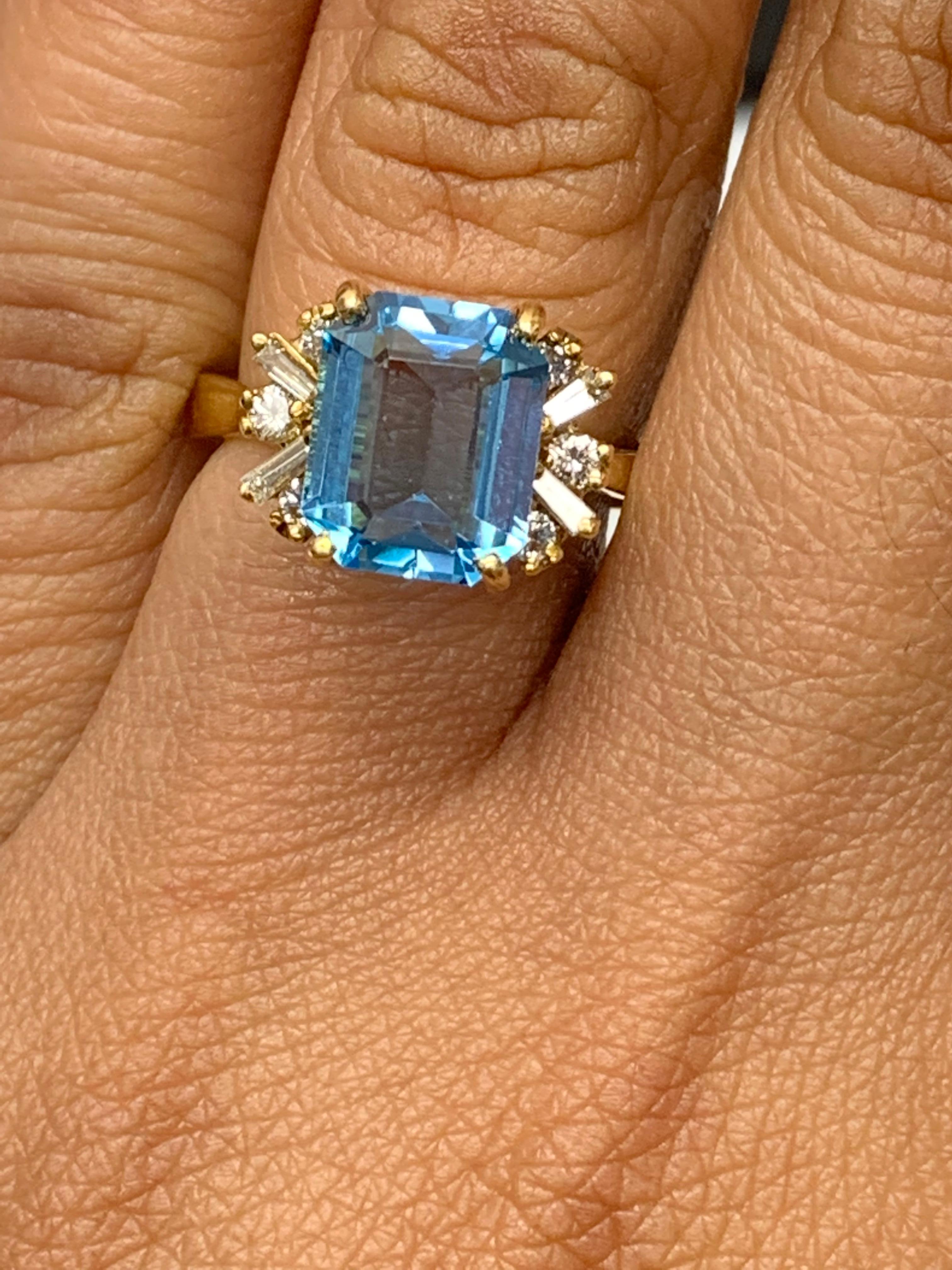 3.98 Carat Emerald Cut Blue Topaz and Diamond Ring in 14K Yellow Gold For Sale 2