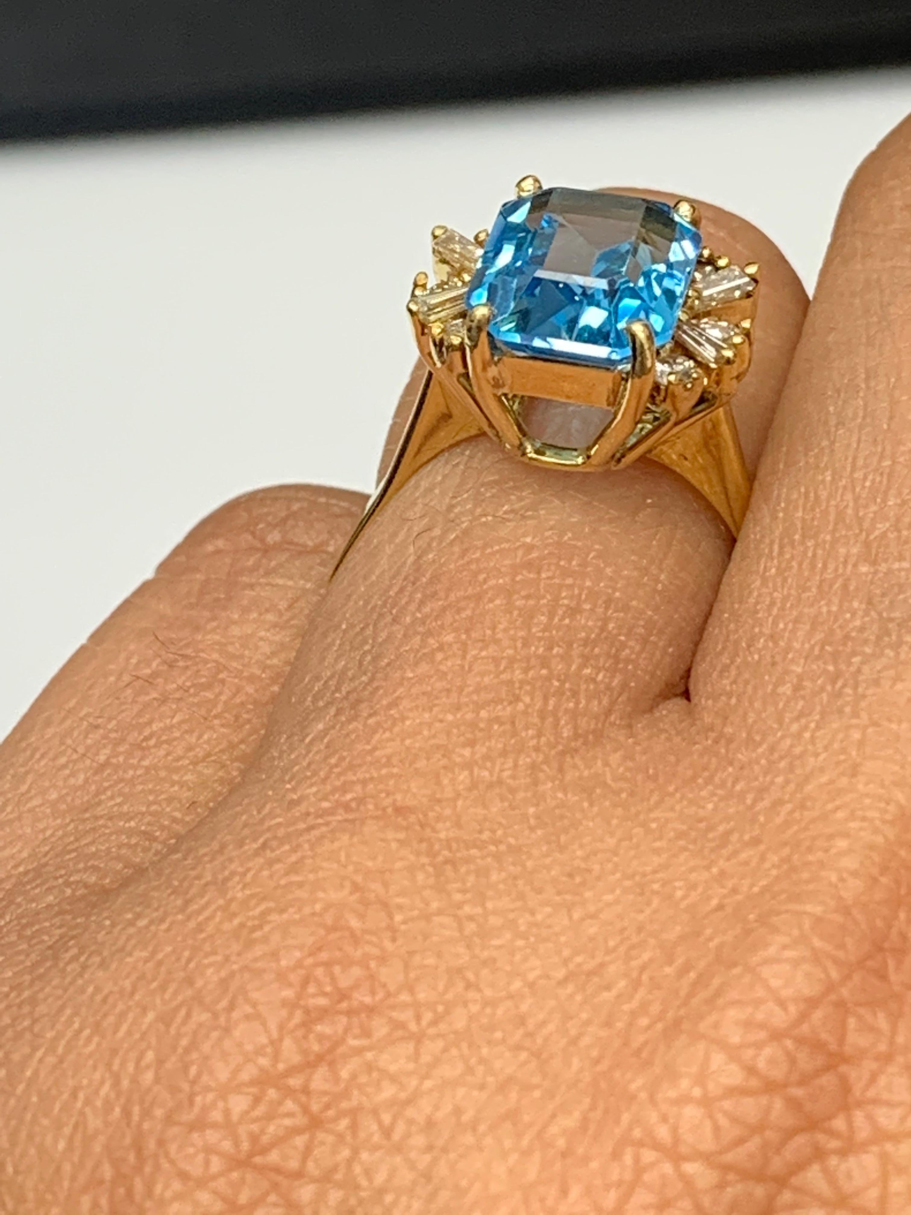 3.98 Carat Emerald Cut Blue Topaz and Diamond Ring in 14K Yellow Gold For Sale 3