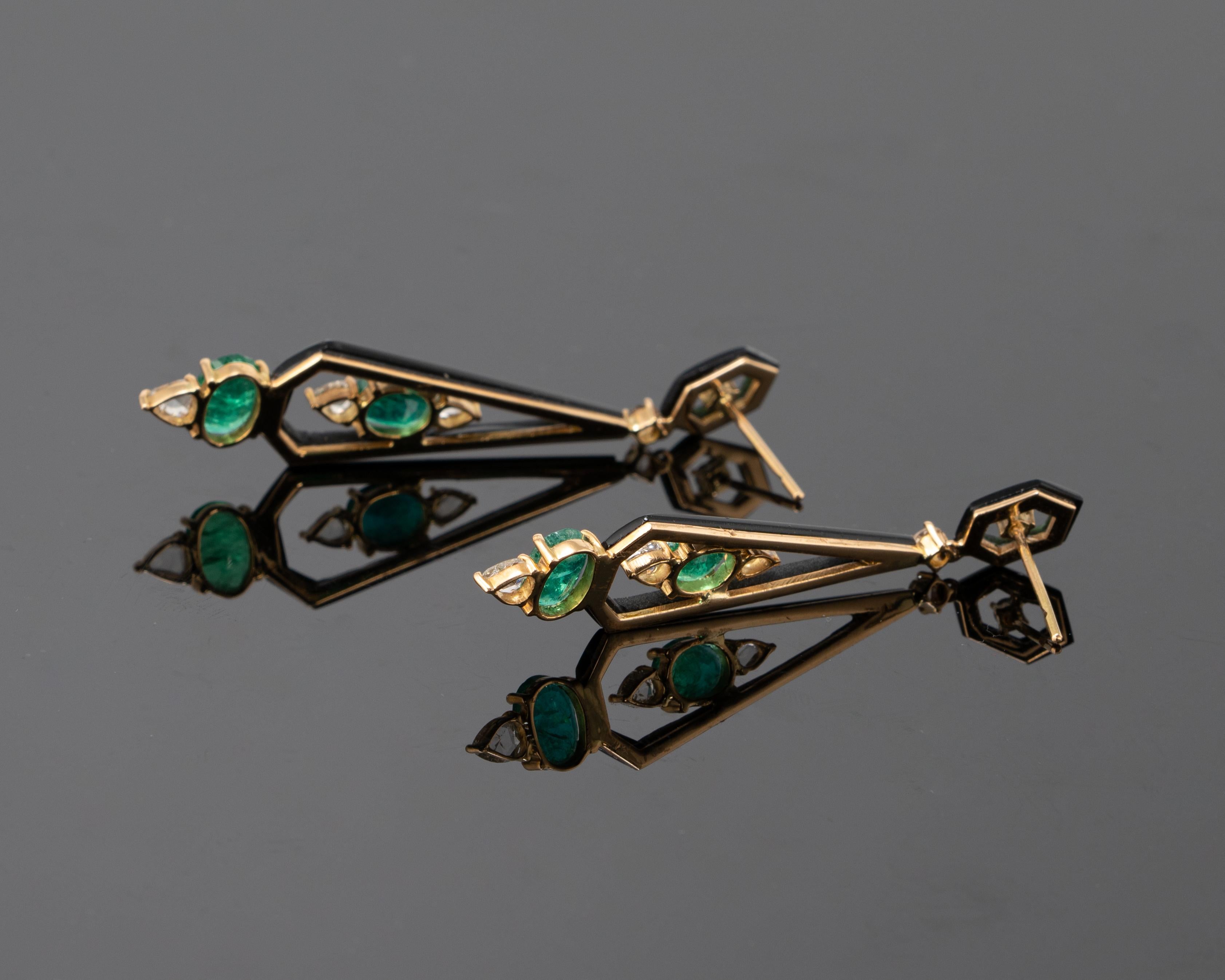 Oval Cut 3.98 Carat Emerald, Diamond and Black Onyx Dangle Earring For Sale