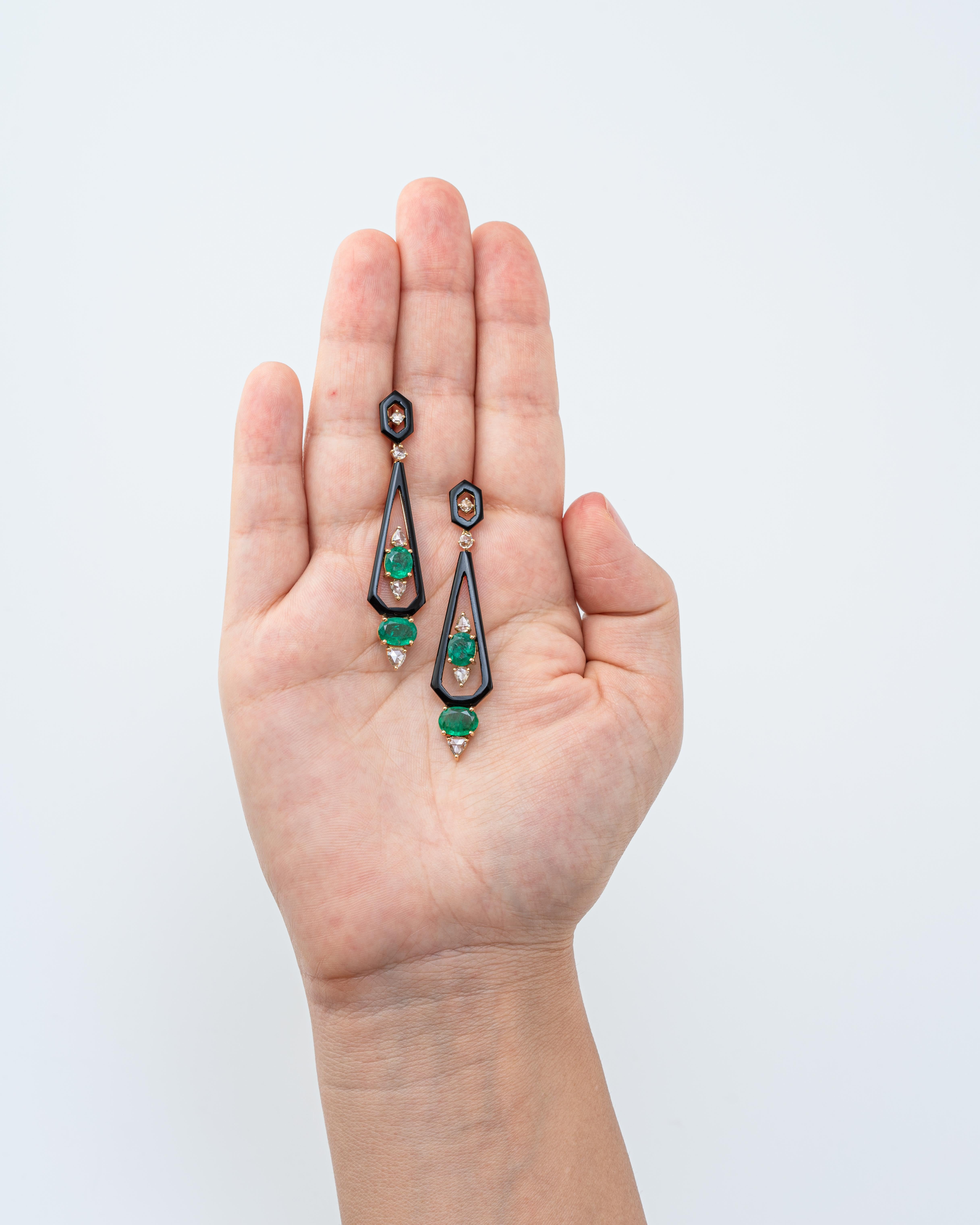 Women's 3.98 Carat Emerald, Diamond and Black Onyx Dangle Earring For Sale