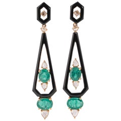 3.98 Carat Emerald, Diamond and Black Onyx Dangle Earring