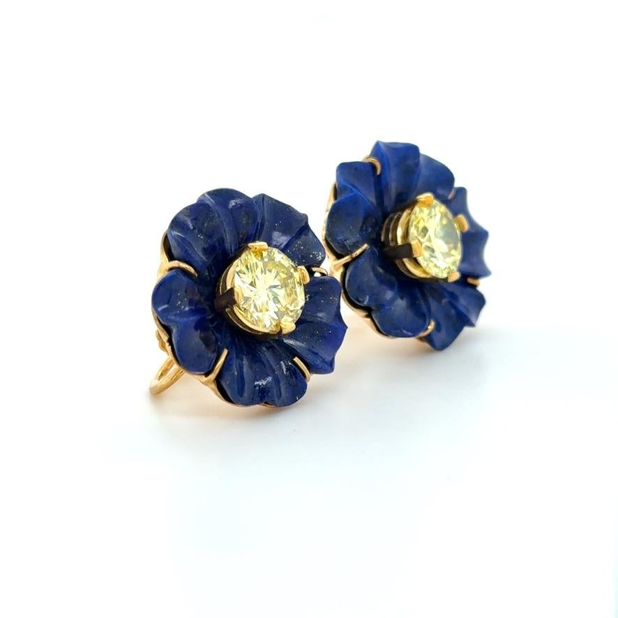 Women's 3.98 Carat Fancy Yellow Diamond and Lapis Lazuli Flower Earrings For Sale