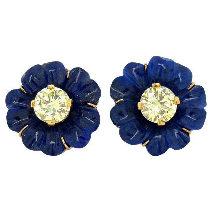 3.98 Carat Fancy Yellow Diamond and Lapis Lazuli Flower Earrings For Sale