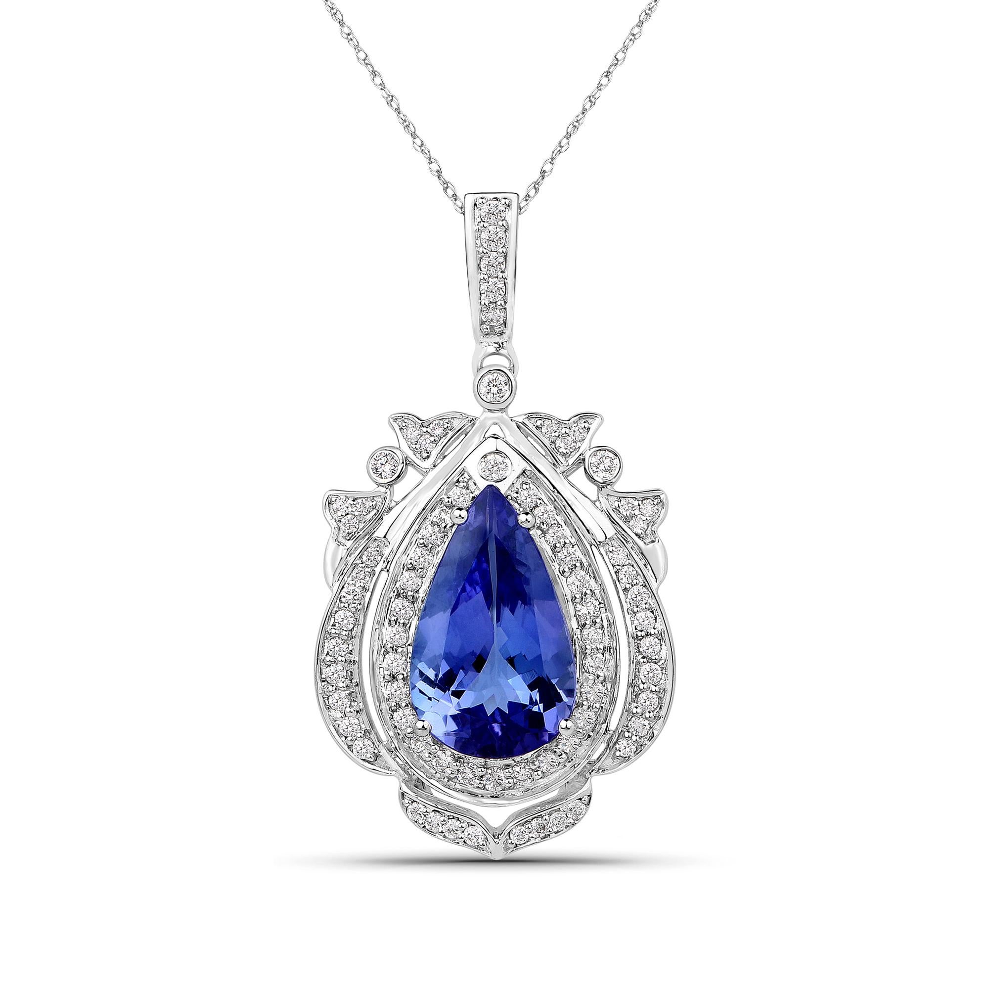 3.98 Carat Pear-shaped Tanzanite and 0.51 Carats White Diamond 14 Karat White Gold Pendant

Center Stone Details:
Stone: Tanzanite
Shape: Pear
Size: 14.70x8.90mm
Weight: 3.98 carat

Diamond Details:
Shape: Round Brilliant (74)
Carat Weight: 0.51