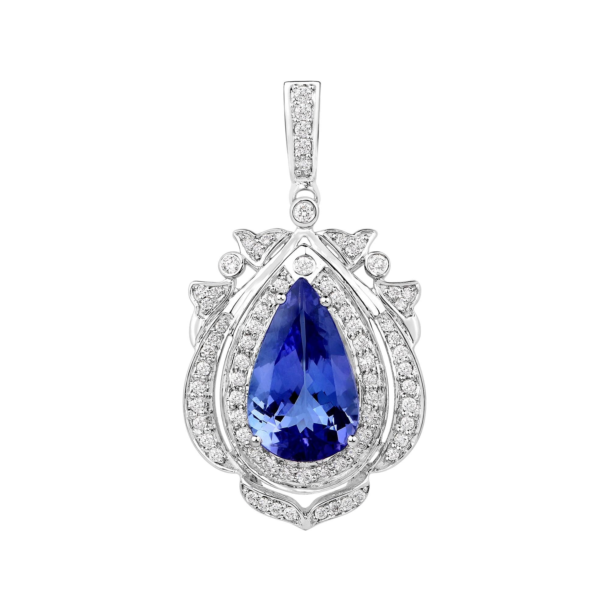 3.98 Carat Genuine Tanzanite and White Diamond 14 Karat White Gold Pendant