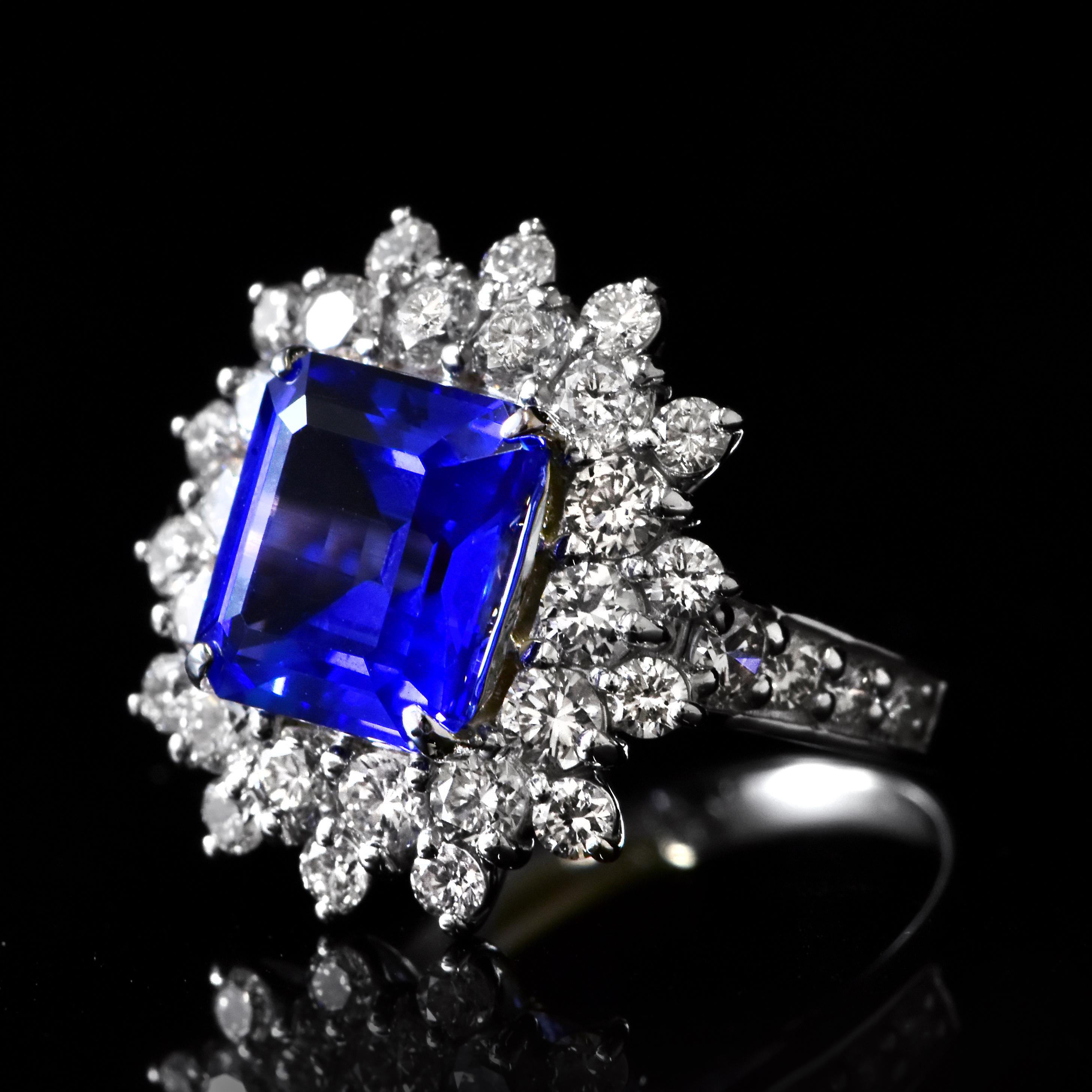 A beautiful ring featuring a 3.98 Carat Natural Tanzanite and 1.94 Carat Diamonds Made in Platinum. Tanzanite's name was given by Tiffany and Co after its only known source: Tanzania. Tanzanite displays beautiful pleochroic colors meaning they