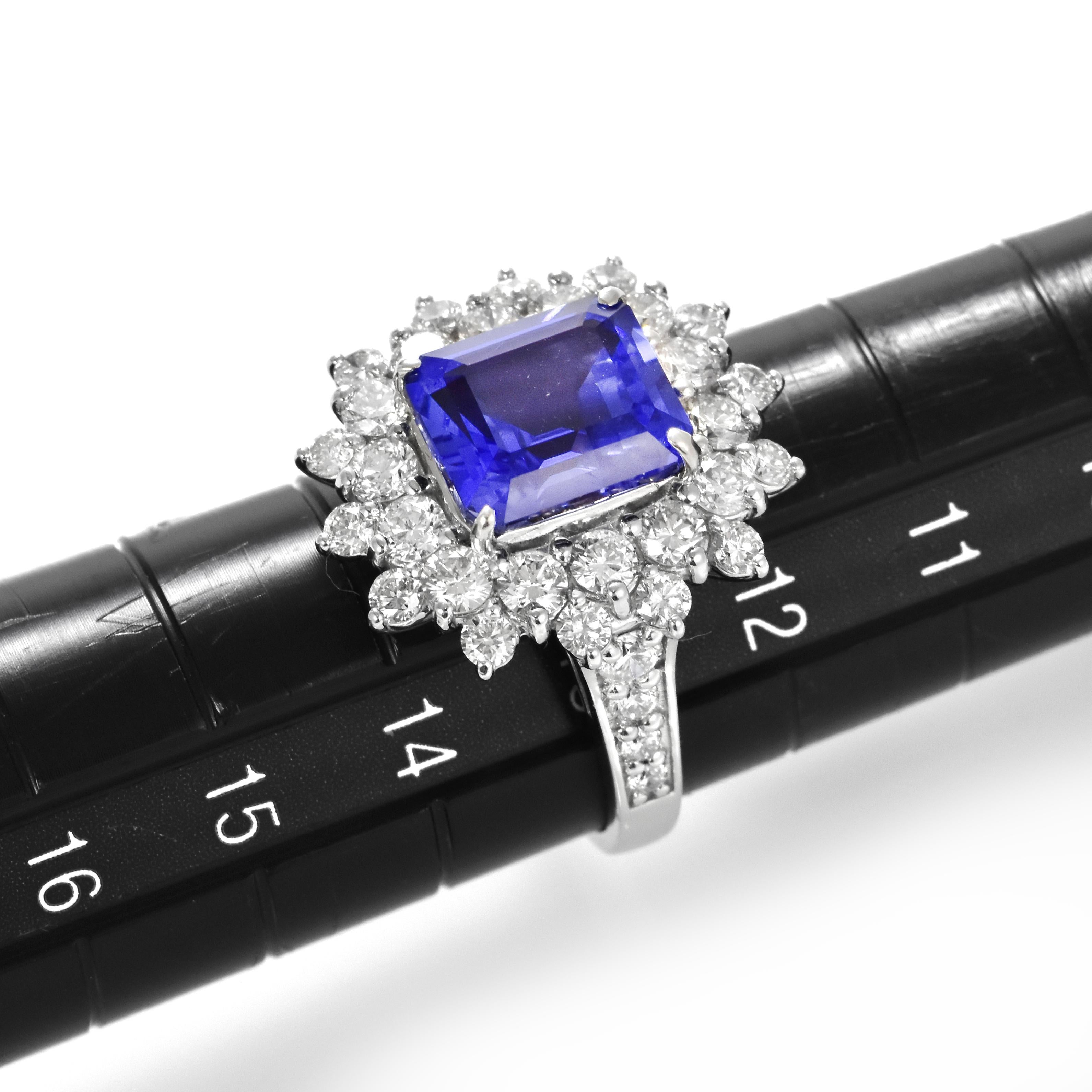 Square Cut 3.98 Carat Natural 'AAA' Tanzanite and Diamond Ring Made in Platinum For Sale