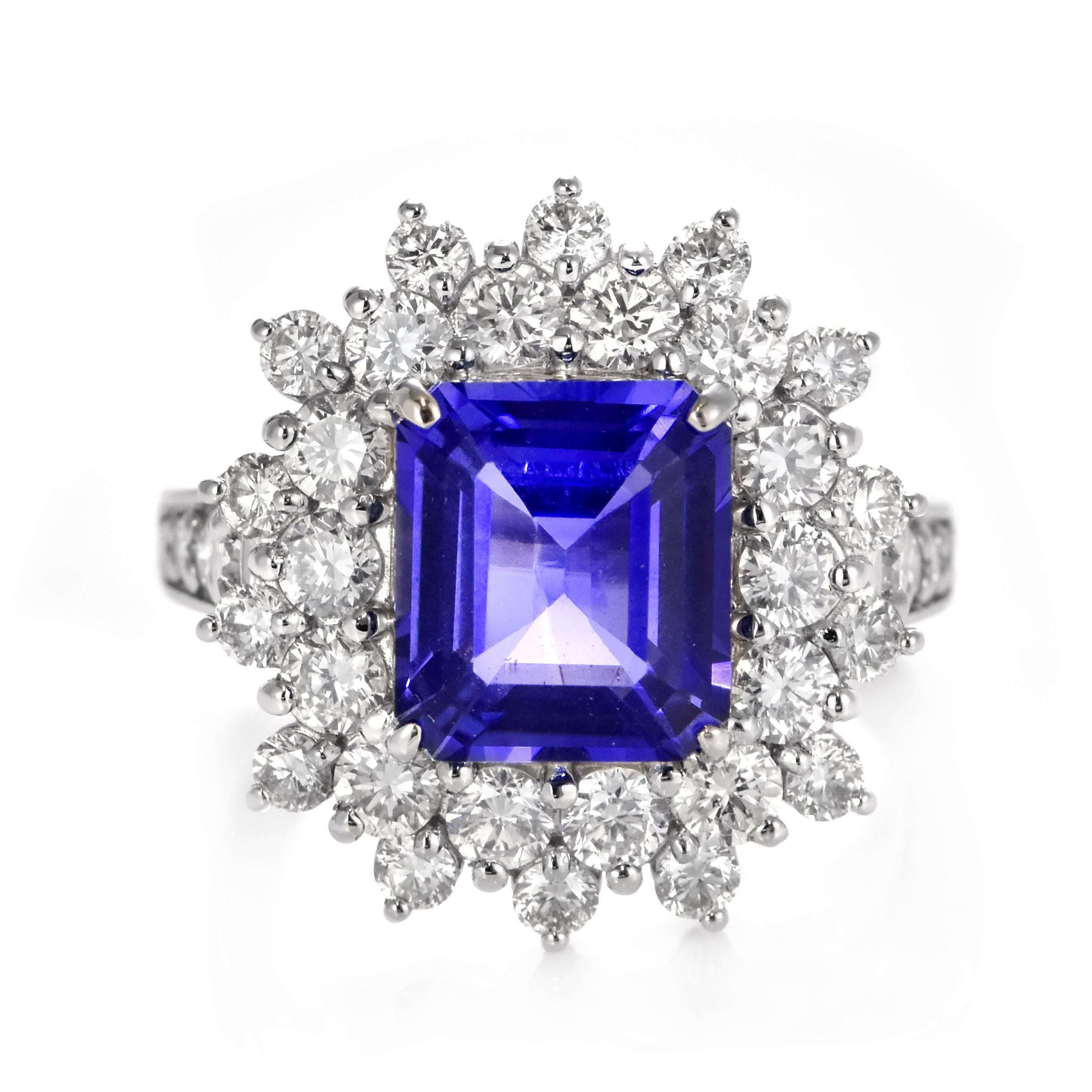 Women's 3.98 Carat Natural 'AAA' Tanzanite and Diamond Ring Made in Platinum For Sale