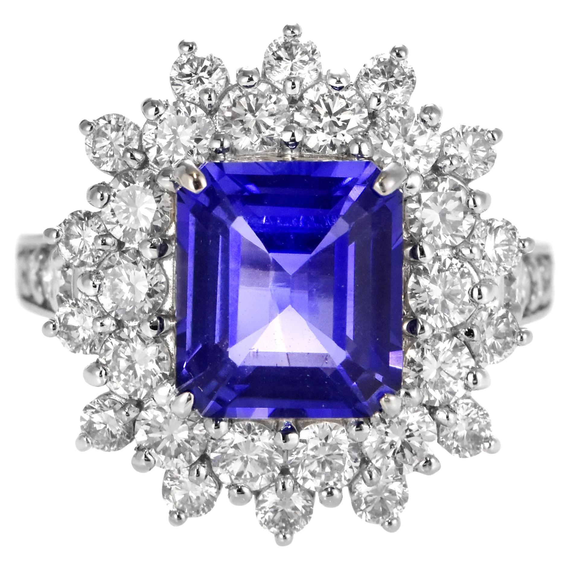 3.98 Carat Natural 'AAA' Tanzanite and Diamond Ring Made in Platinum For Sale
