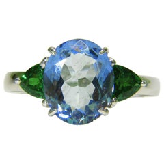 3.98 Carat Natural Aquamarine Tsavorite Ring Modern 3 14 Karat*