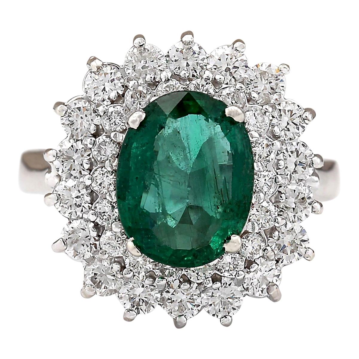 Natural Emerald Diamond Ring In 14 Karat White Gold  For Sale